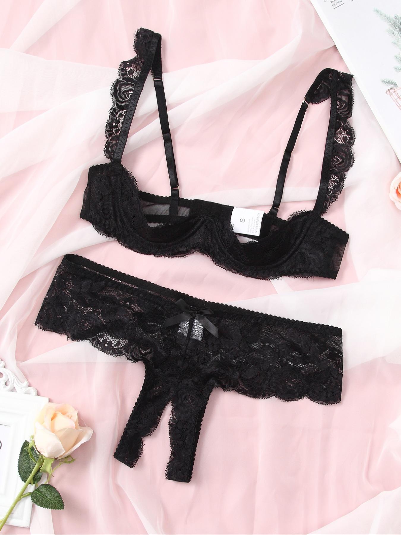 Women's Solid Adjustable Strap Bra & Thong Set, Sexy Casual Feminine Soft Comfy Breathable Floral Lace Lingerie Set for Daily Wear, Ladies Underwear Set for All Seasons, Everyday
