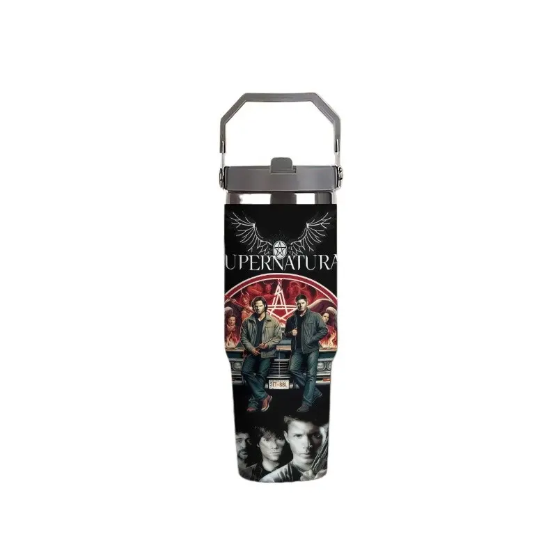1pc Supernatural Winchester Brothers Pentagram Symbol Print 17oz/17.5oz/20oz/30oz/32oz/40oz Stainless Steel Insulated Tumbler With Portable Flip Handle Lid