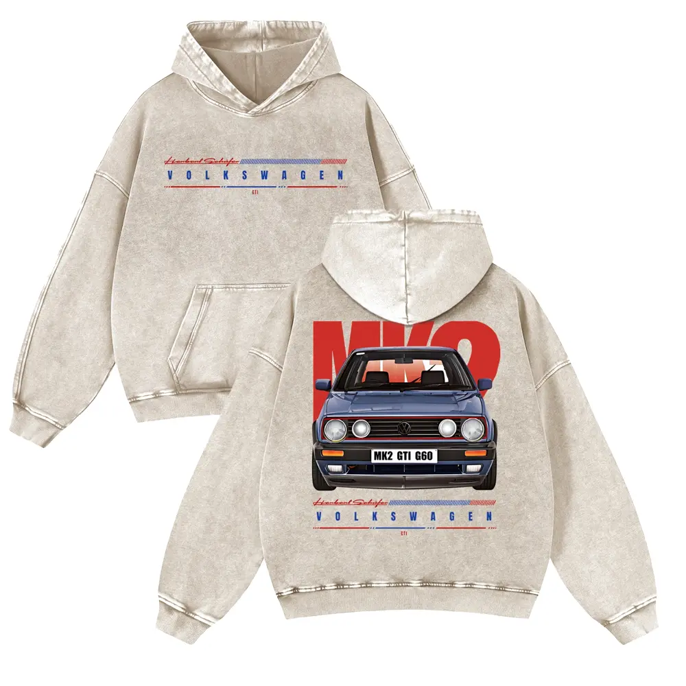 Vintage Mineral Wash Sand Graphic Hoodie | Unisex Oversized "Volkswagen MK2 GTI G60" Euro Tuner Pullover | Retro Car Guy Gift Hot Hatch Sweatshirt Y2K