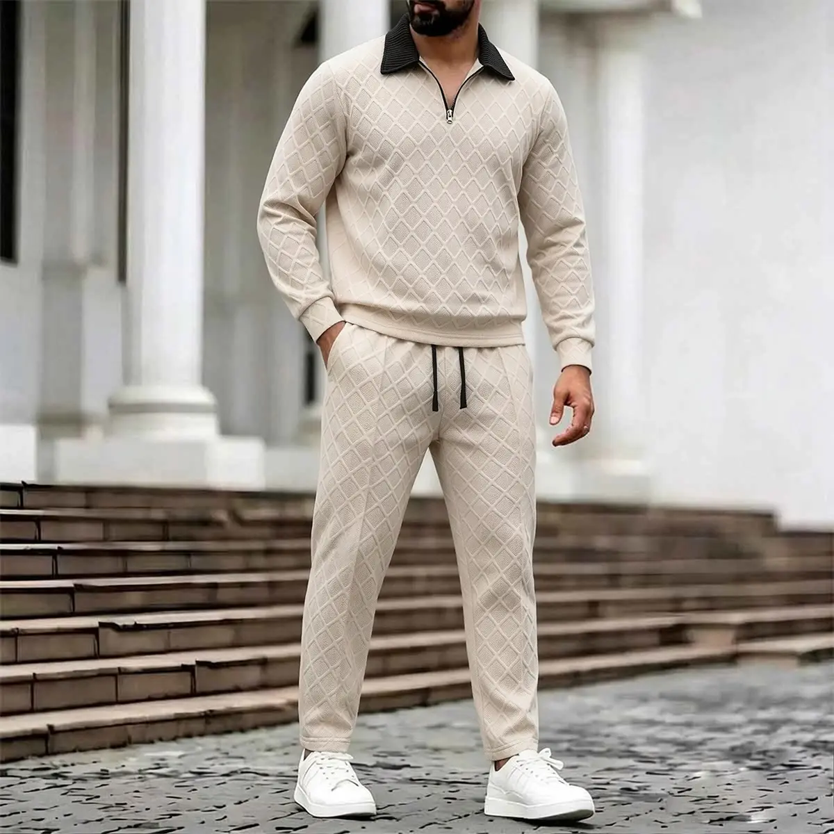 Men's 2-Piece Solid Plain Polyester Blend Diamond Jacquard Crew Neck Tracksuit - Fitted Cut Casual Street Outfit, Long Sleeve Textured Top, Drawstring Tie Cuffed Jogger Trousers