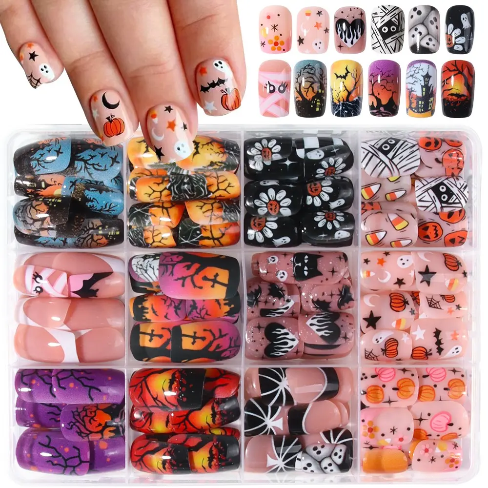 288pcs Halloween Nail Art Set, False Nail Kit, Short Square Nails, Ghost, Mummy, Blood Drop, Bat, Spider Web, Pumpkin Design, Includes Glue and File