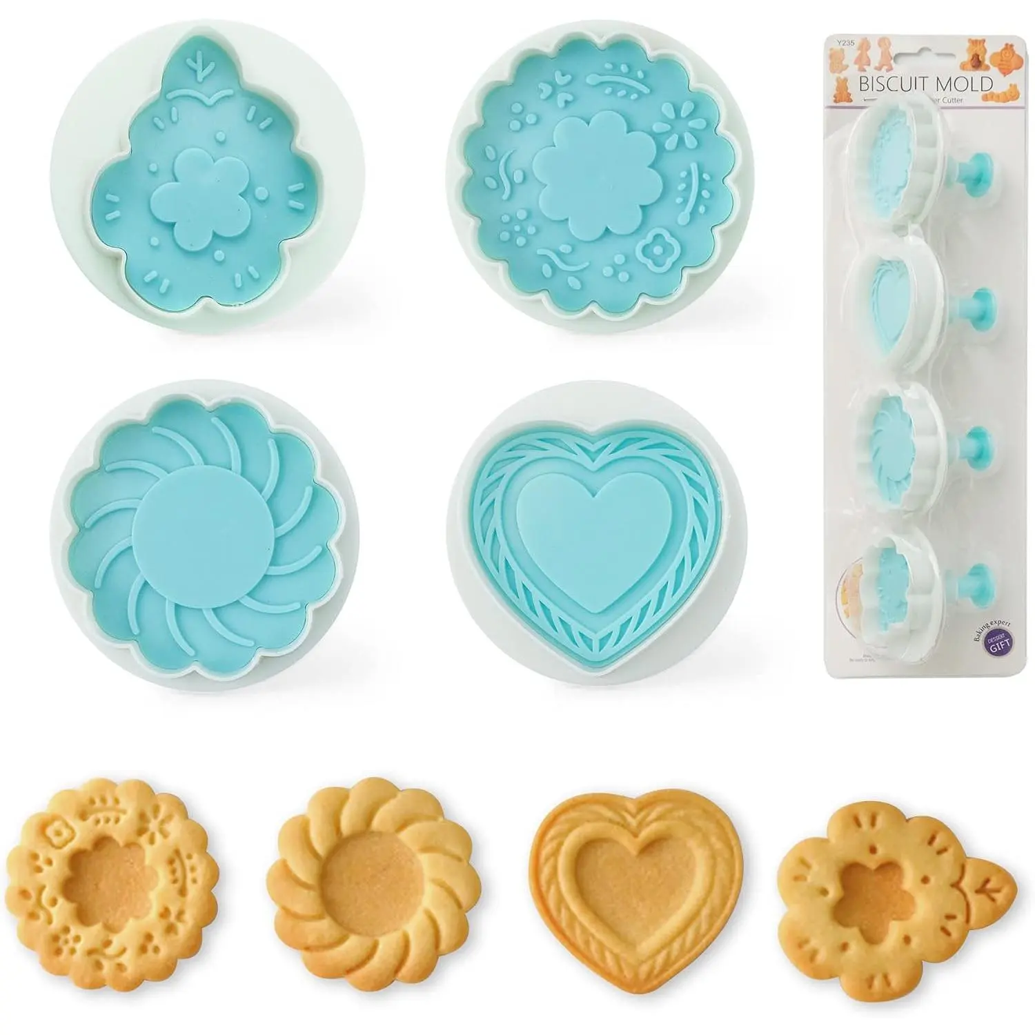 Cookie  for Baking, 4-Pcs Set with Wooden Handle,  Cookie Press Molds for Christmas, Holiday & Party,  for Shortbread, Fondant & Cake Decoration - Flower & Leaf Patterns