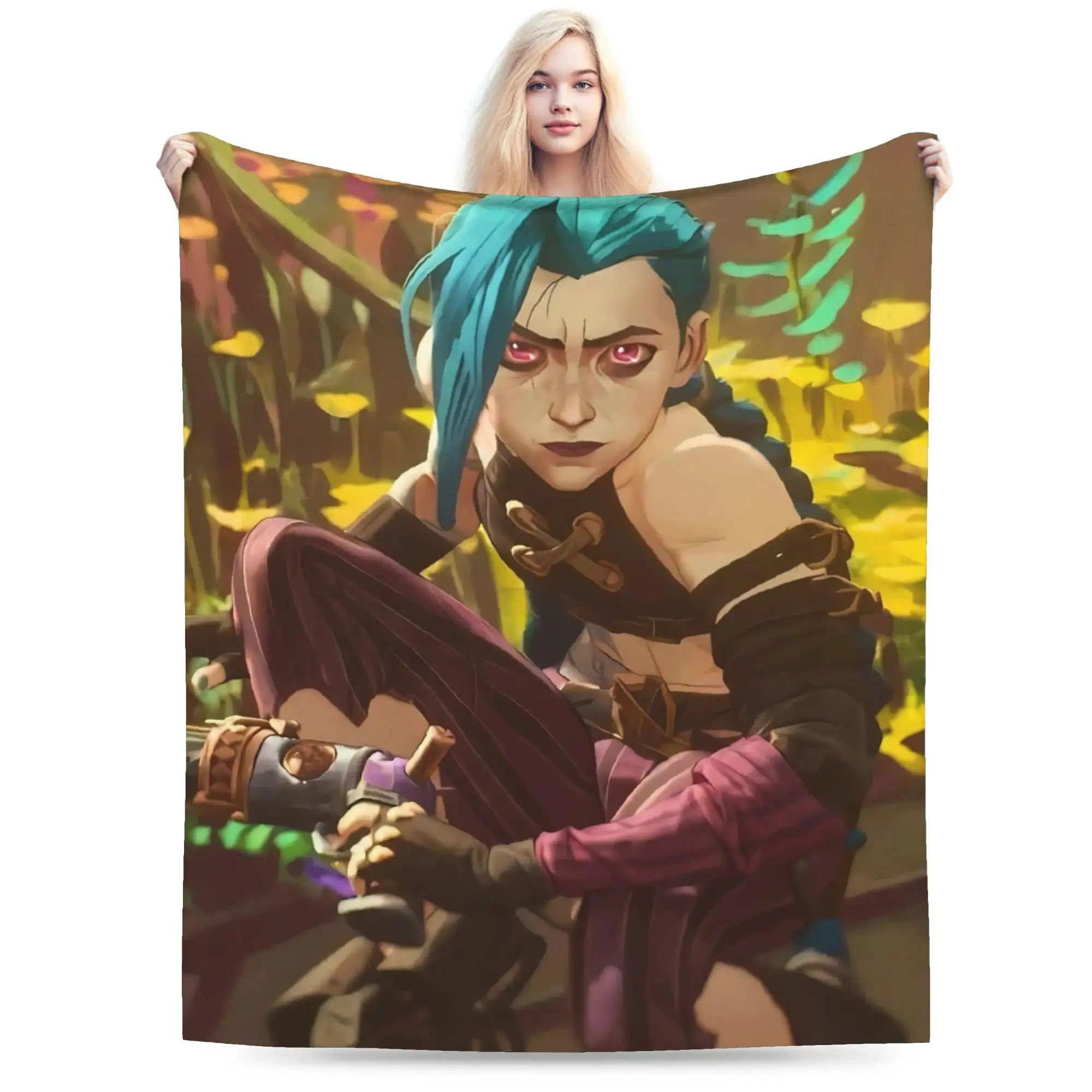 Arcane Vi Jinx Anime Print Flannel Throw Blanket, Polyester Single Layer, Soft Cozy All Seasons Multi-Size Camping Sleeping Gear for Living Room Fan Gift