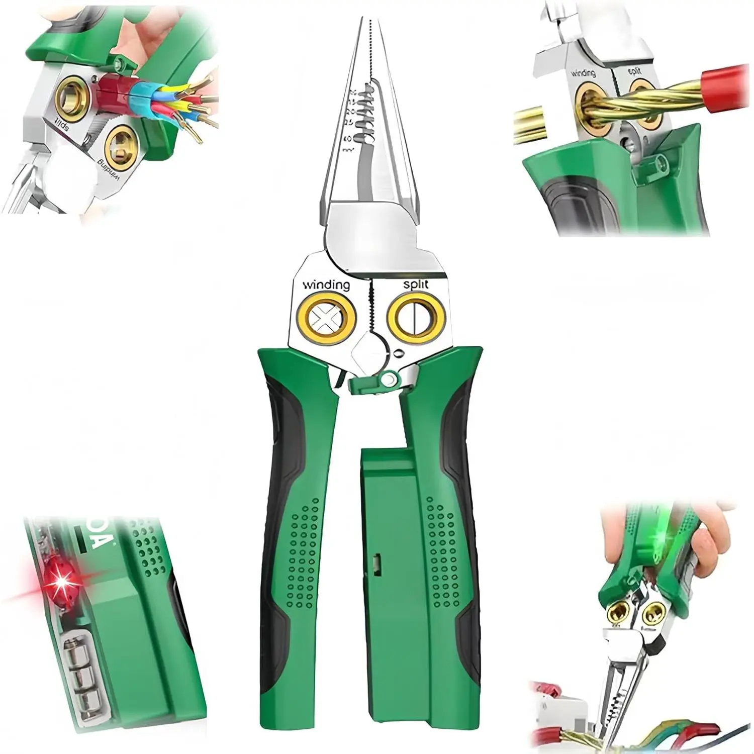 8-in-1 Wire Stripper with Voltage Tester - Anti-Slip Grip, Dual Alarms Electrician Pliers for Cutting, Pulling, Electrical Repair (Green), 8-In-1 Stripper, Awg Support