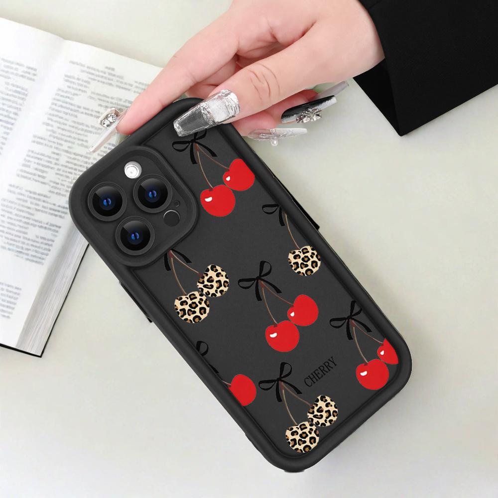 Phone Case: Creative Minimalist Cherry Pattern  Trendy Summer Fresh Anti-Drop Frosted Phone Case for iPhone 17 Pro Max 16 16e 15 14 Plus 13 12 Mini 11 Air