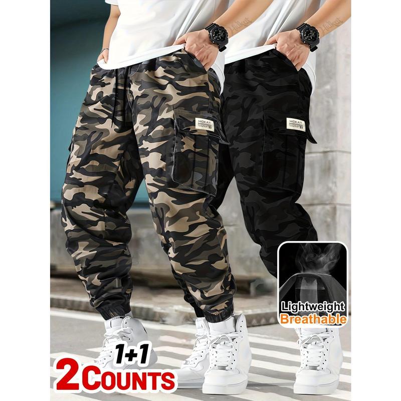 Men’s 2-Pack Camouflage Cargo Joggers - Breathable, Lightweight, Cool All-Day Wear Menswear Pants with Drawstring Waist, Double & Multi-Pockets, Loose Fit for Casual Workwear, Hiking, All Seasons Easy Movement