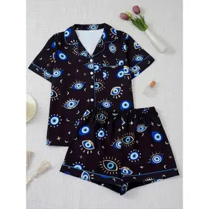 Womens Two Piece Short Sleeve Pajama Set Casual Comfortable Stretchy Fitted Printed Shirt with Pocket Elastic Waist Shorts All Season Breathable Sleepwear Loungewear Homewear Nightwear Outfit
