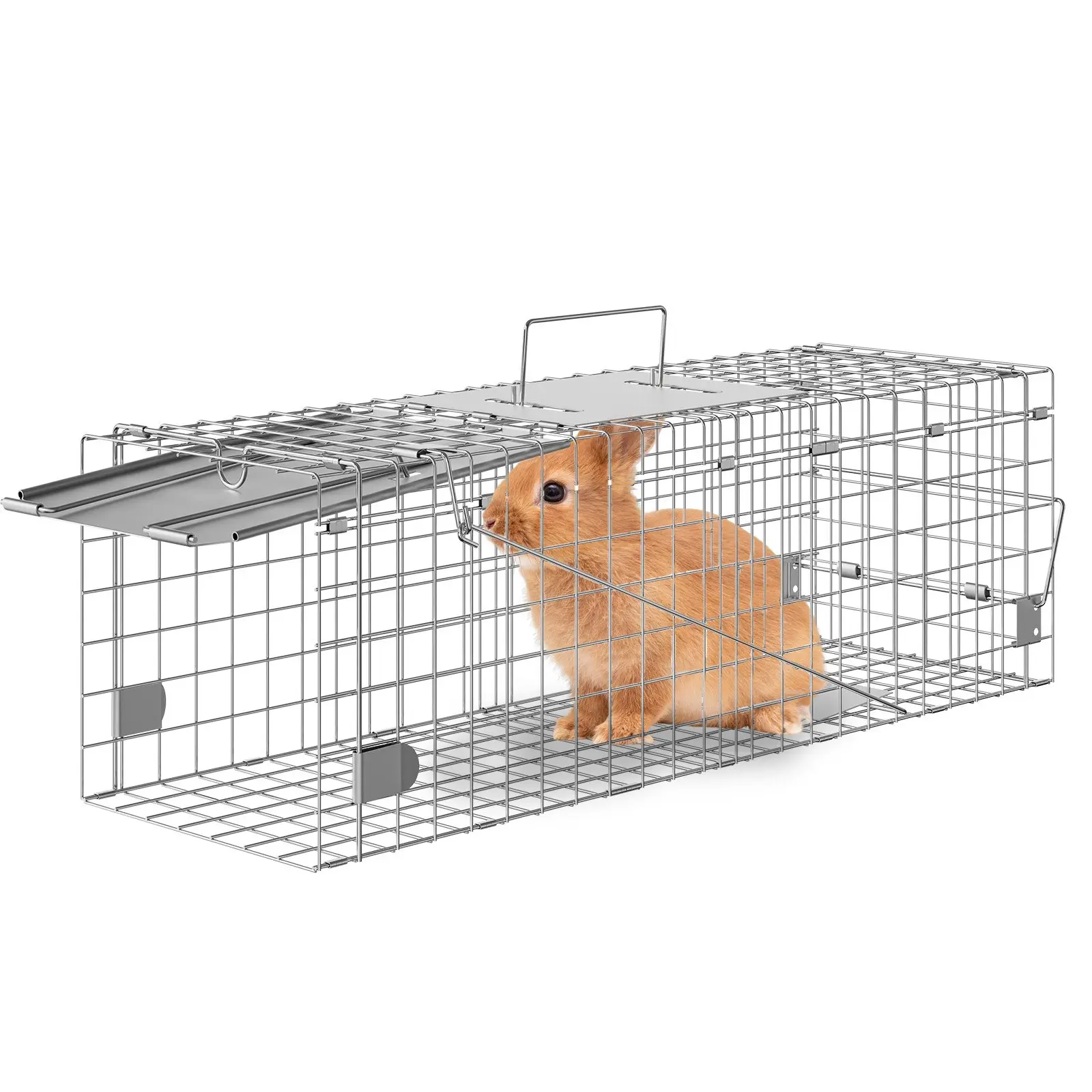 VEVOR Live Animal Cage Trap, 24" x 8"x 8" Humane Cat Trap Galvanized Iron, Folding Animal Trap with Handle for Rabbits, Stray Cats, Squirrels, Raccoons, Groundhogs and Opossums