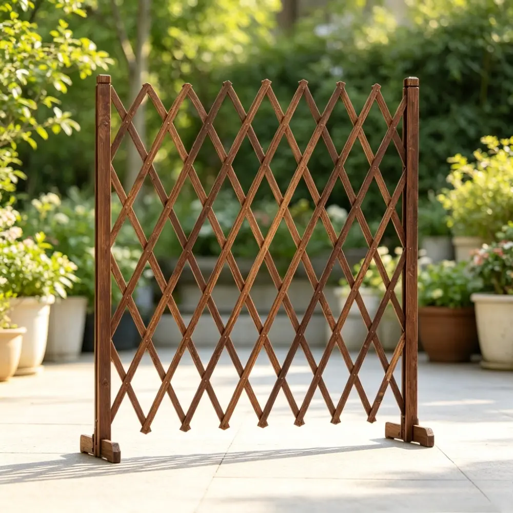 No-Drill Portable Pressure-Treated Wood Expandable Fence, Grid Design for Plant Support, Balcony Garden Vegetable Border, Restaurant Space Divider