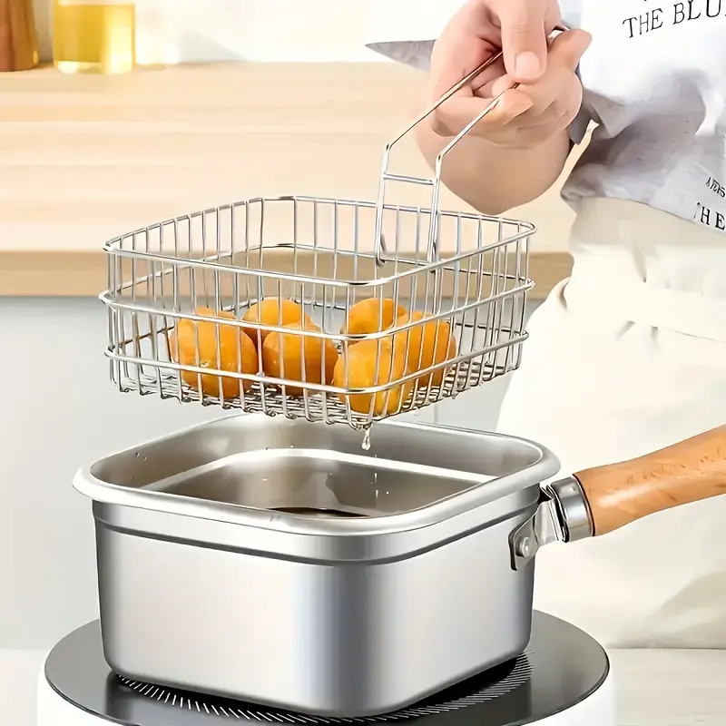 Stainless Steel Square Pot with Removable Basket And Lid - Food Grade 201 Steel Material, Compatible with Induction Cooker/Gas Stove, Durable, Easy to Clean And Portable Fryer, with Sturdy Handle And Stable Base, Suitable for Home/Outdoor/Camping
