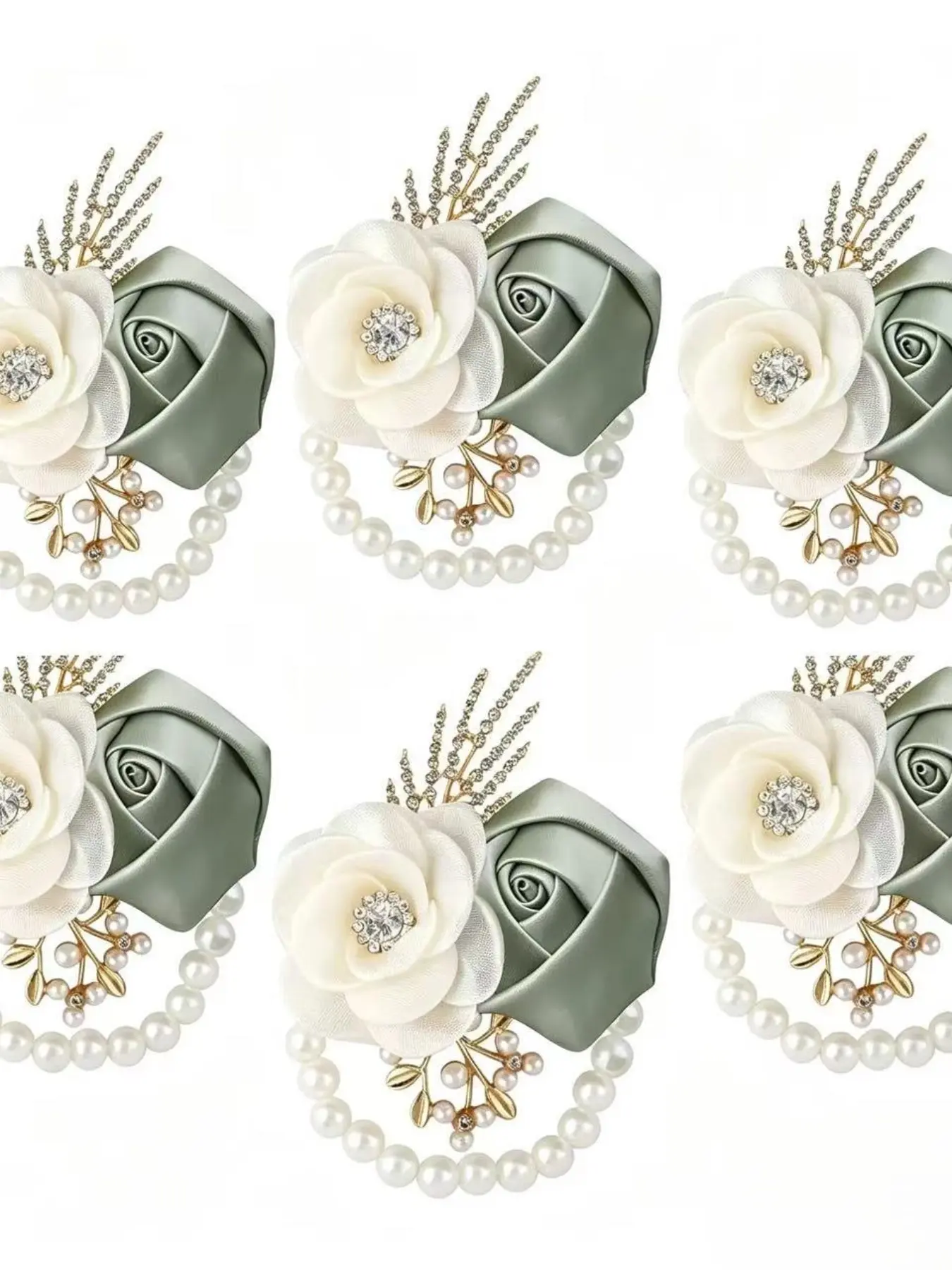 6 Pcs Sage Bride Wrist Corsage Silk Rose Pin, Wedding Decoration, Party Favors, Bridal Accessories, Pearl Bracelet, Lapel Flower, Elegant Brooch, Corsage Accessory