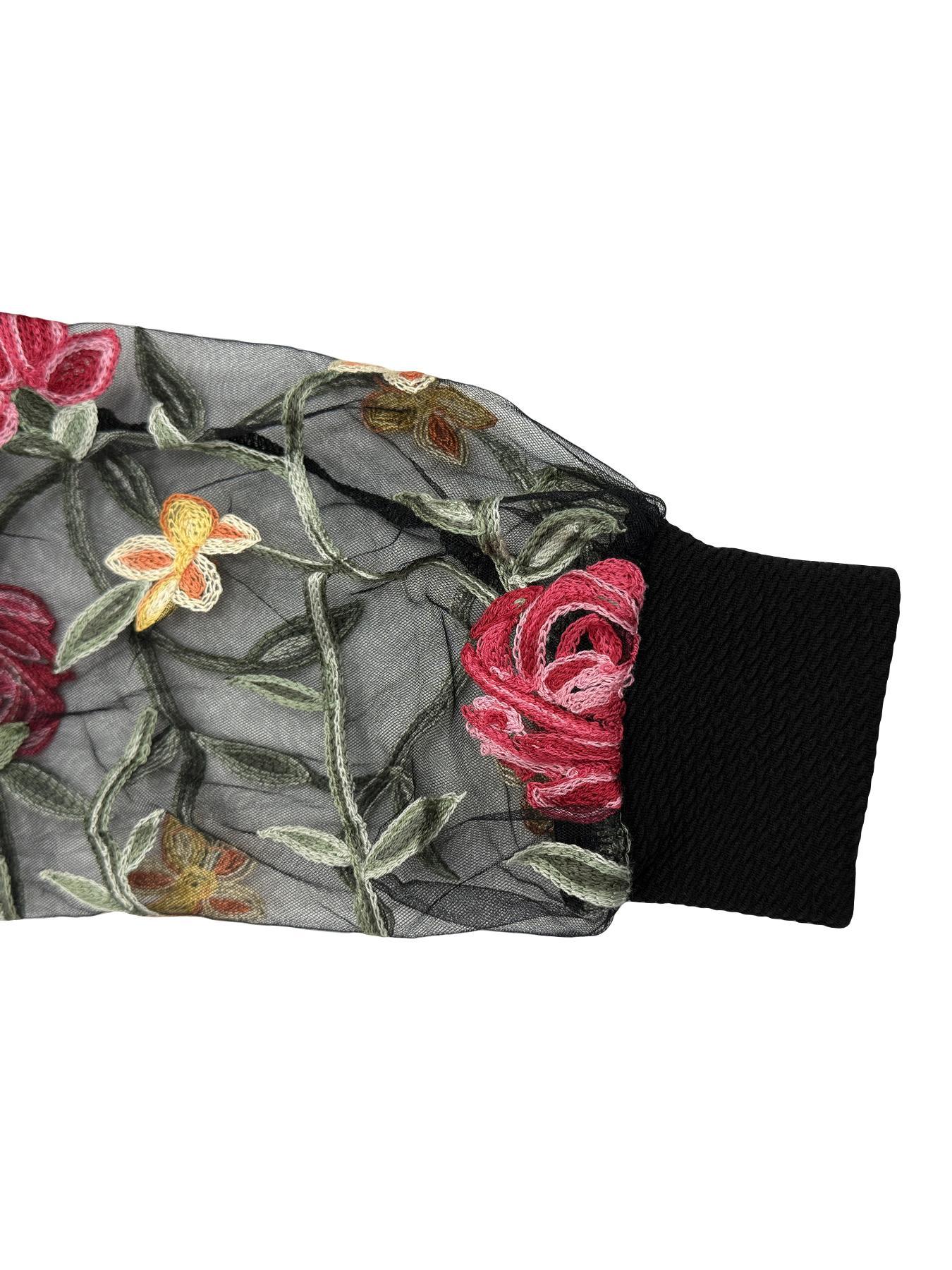 Women's Floral Embroidery Bishop Sleeve Dress, Elegant Long Sleeve Round Neck Short Dress for Party Holiday Wedding Guest, Ladies Clothes for All Seasons, Womenswear