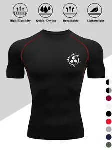 Men's Logo Print Tight Fitness Top, Quick-Dry Breathable Sport T-Shirt, High Elastic Sweat-Wicking Short Sleeve Training Shirt, Activewear