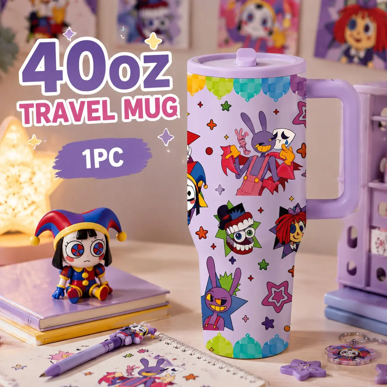1 Pc 40oz The Amazing Digital Circus Colorful Cartoon Insulated Tumbler with Handle, Double Wall Vacuum Travel Mug, Cute Character Design Coffee Cup, Perfect for Office, School, Travel, Daily Use, Birthday, Christmas & Holiday Gifts