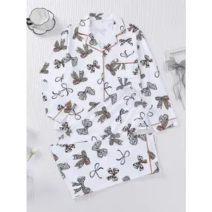 2-piece full body leopard print bow pattern knit long sleeved pants top with small pockets and elastic waistband suitable for all seasons of home, casual wear, home wear, loungewear, pajamas
