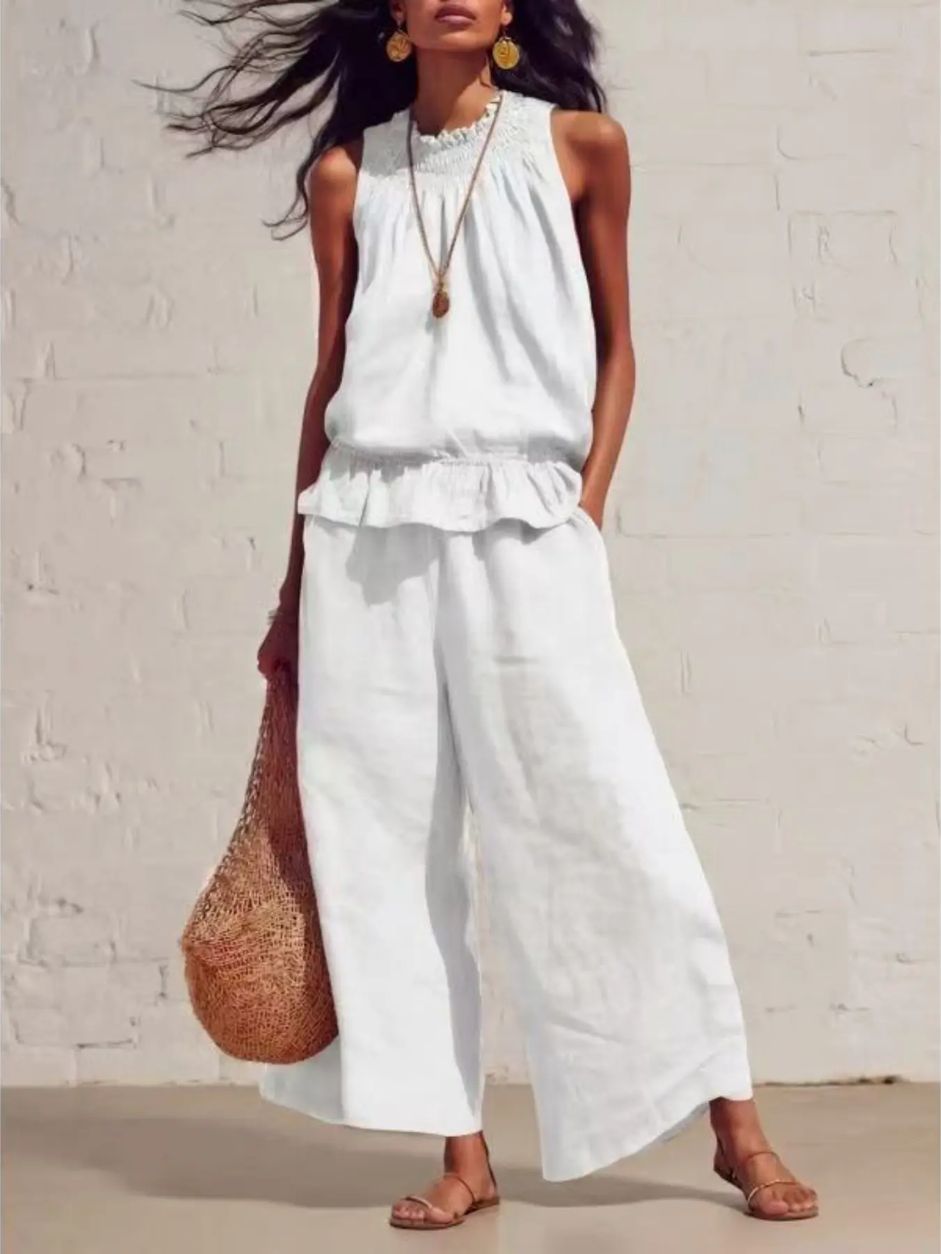 Vintage Boho Style Sleeveless Top and Wide Leg Pants Two-Piece Set, Fashion Casual, Comfortable and Stylish Clothing