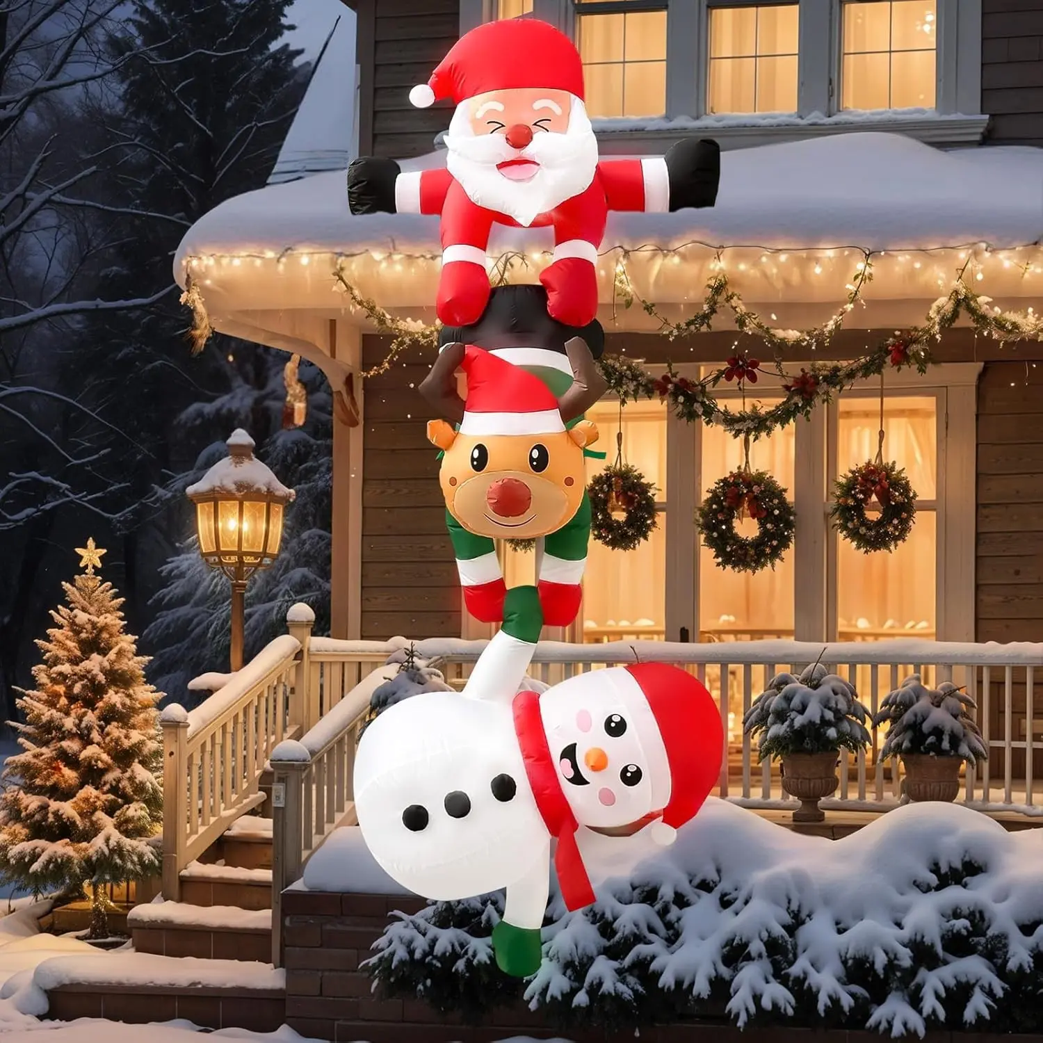 8ft Stacked Inflatable Christmas Decor, Santa Claus, Reindeer, Snowman Cartoon Cute Inflatable Model, Glowing Outdoor Decoration, Festive Decoration, Festival Atmosphere Setup