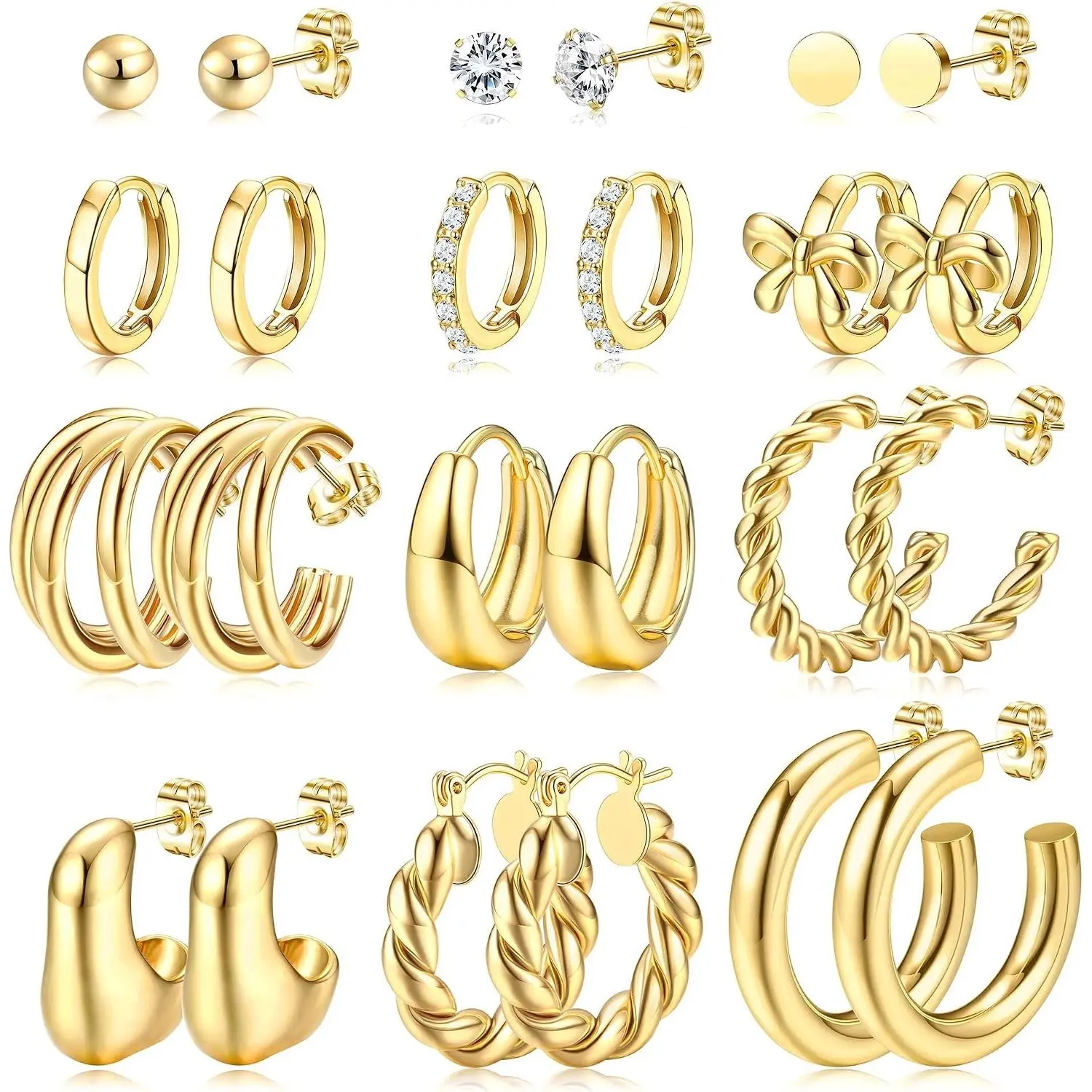 ORAZIO 12Pairs Chunky Hoop Earrings Set for Women Trendy Hypoallergenic 14K Plated Gold Stainless Surgical Steel Stud Huggie Earring Stacks Pack Jewelry for Sensitive Ears