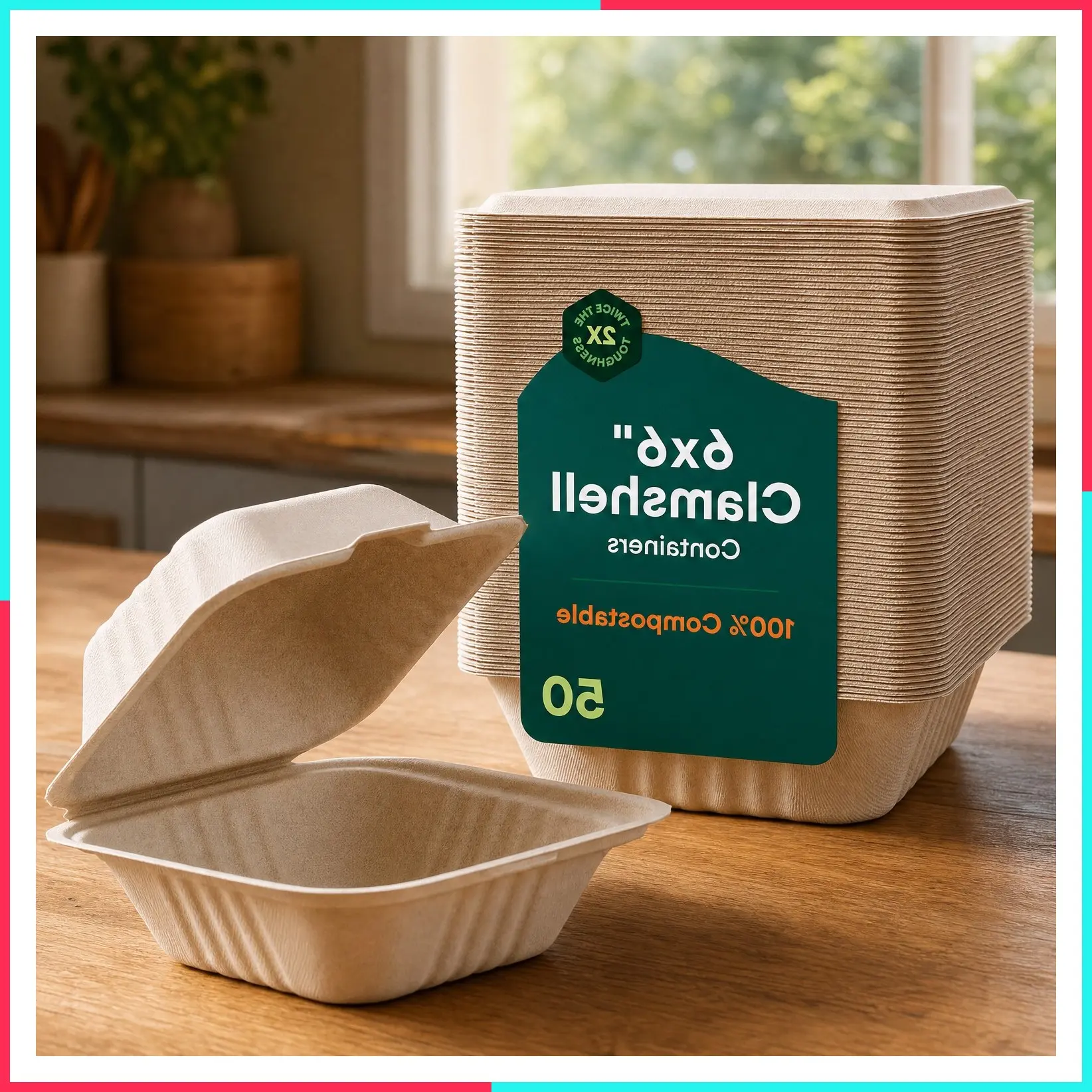 100% Compostable Clamshell Take Out Food Containers [6x6" 50-Pack] Heavy-Duty, Natural Disposable Bagasse, Eco-Friendly Biodegradable Sugar Cane Fibers, Secure Snap Hinged Lid