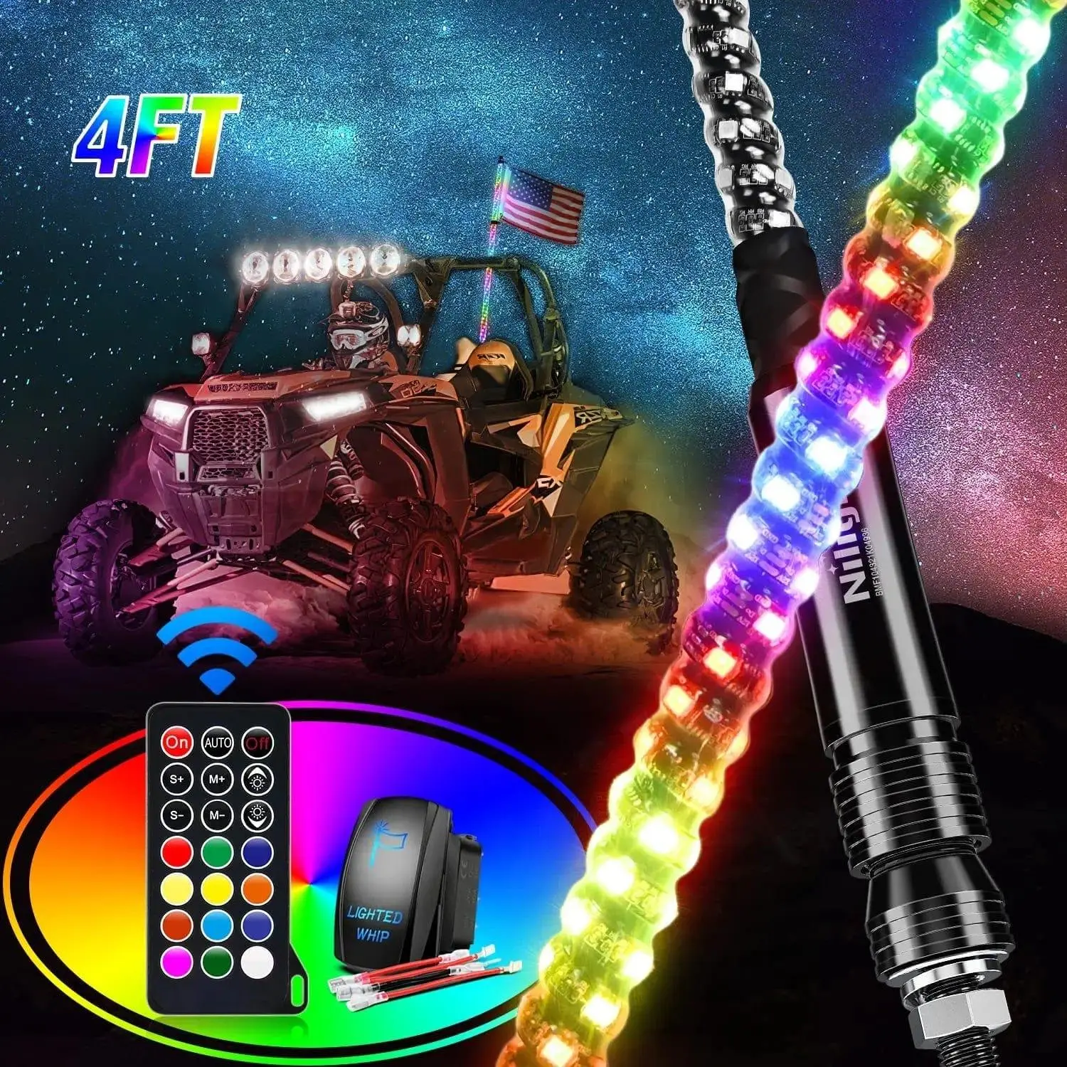 Nilight 4FT Polycarbonate Spiral Antenna LED Whip Light with RF Remote Control, 8.6FT Wire, 5-Pin Switch, IP67 Rated, Pattern Modes, Plug Play (Age 16+ Compatible)