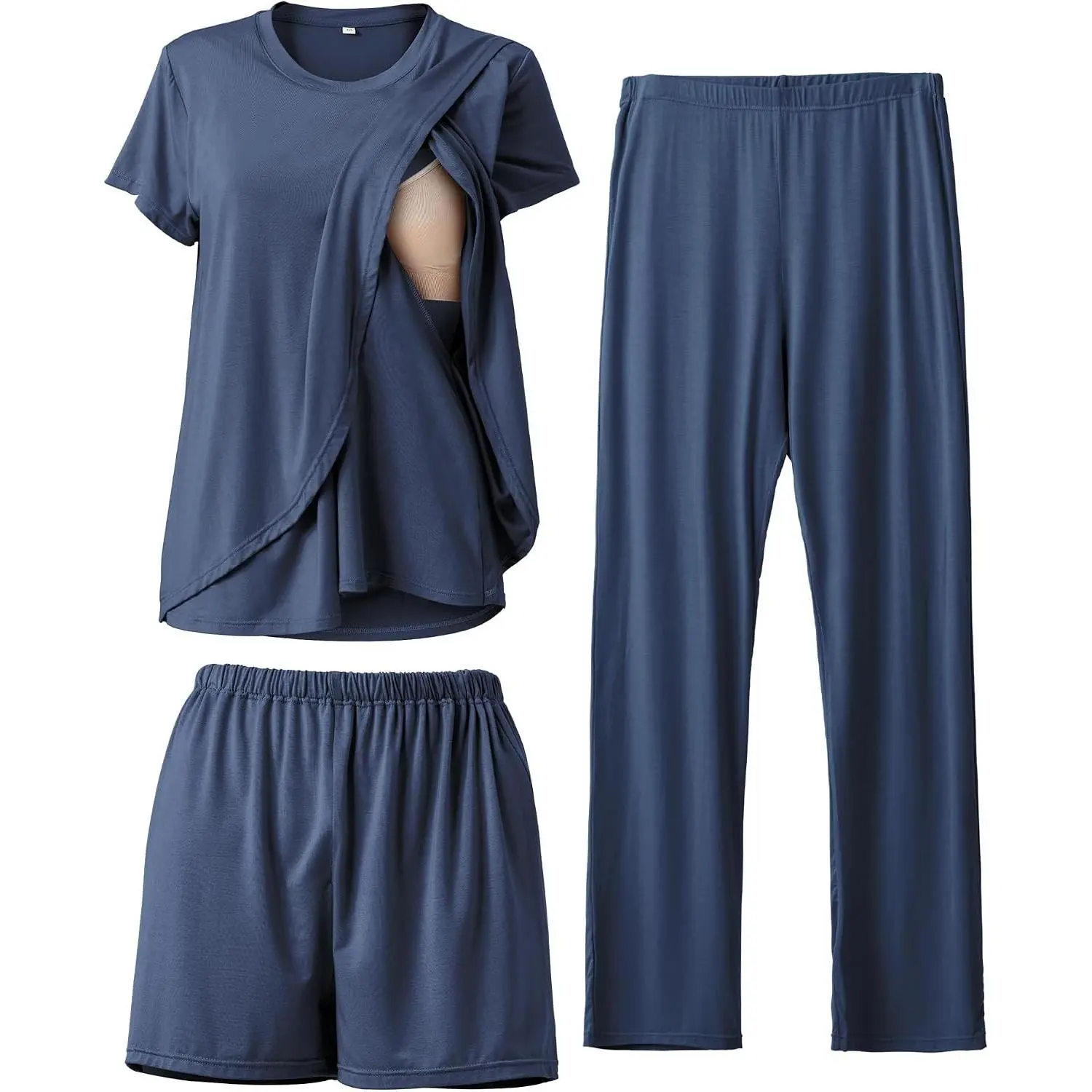 3-Piece Postpartum Nursing Pajamas Set Maternity Breastfeeding PJs | Easy Side-Access Breastfeeding Sleepwear Lounge Clothes, Adjustable High-Waist Pants & Shorts for Pregnancy and Postpartum