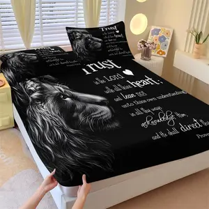 Black White Lion & Bible Verse Fitted Sheet Set & 2 Coreless Pillowcases-High-End Lion and Religious Element Design-Deep Pocket Non-Slip Mattress Protector-Modern Minimalist Style Bedding for Bedroom Decor