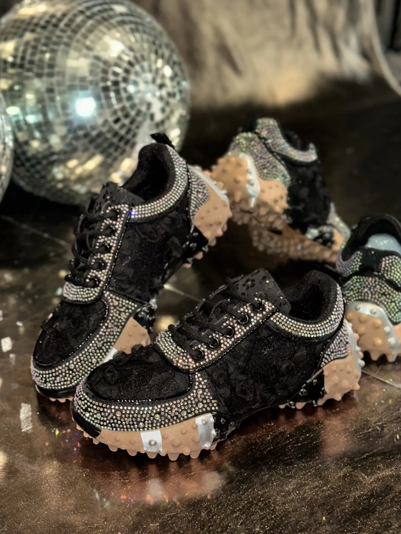 Women's Luxury Rhinestone Lace Sneakers, Fashion Running Sneakers, Bling Pink Platform Waffle Trendy Running Shoes, Comfortable Anti-Slip Thick Sole Dad Shoes