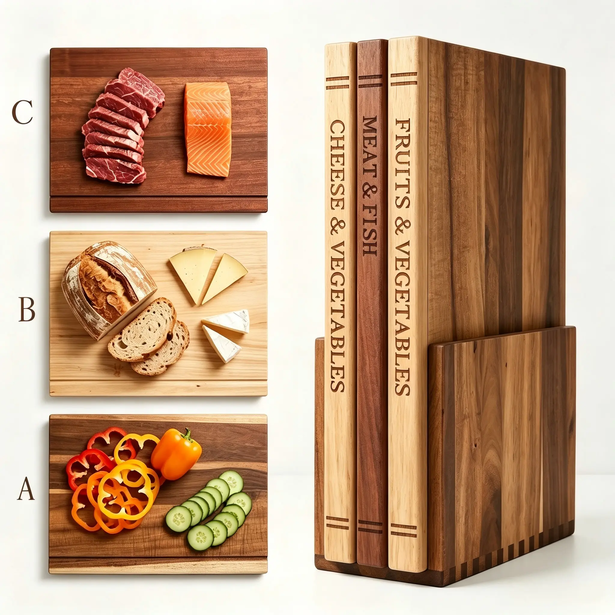 3-Piece Book-Style Triangular Wooden Durable Food Cutting Board Set with Storage Base, Natural Wood Chopping Boards for Bread Cheese Vegetables Meat, Home Kitchen Prep Tools