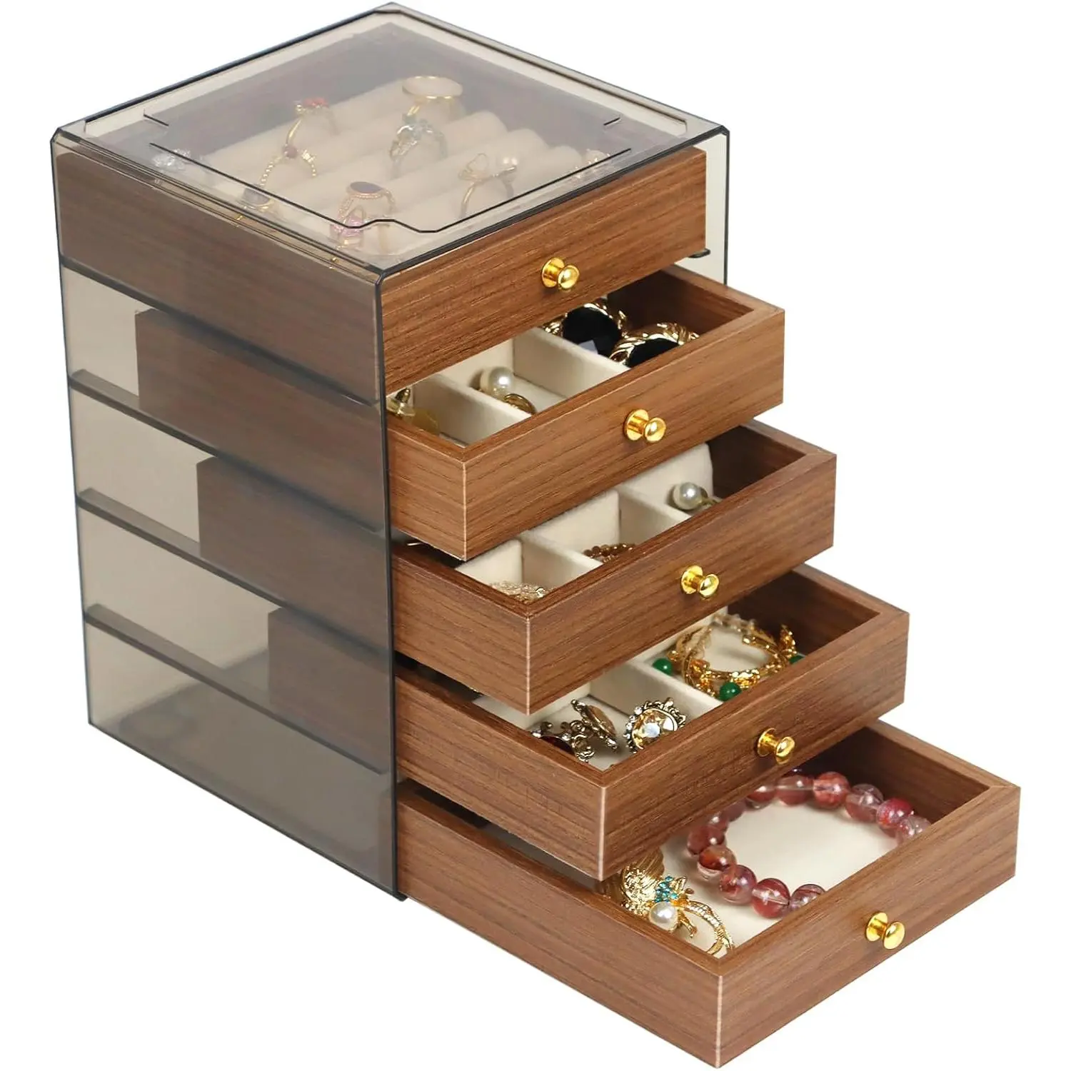 Earring  Organizer Box with 5 Drawers, Plastic  Storage with Asjustable  Trays, Multiple Display Holder for Earrings Ring Bracelet Necklace (Small-5-Drawer)