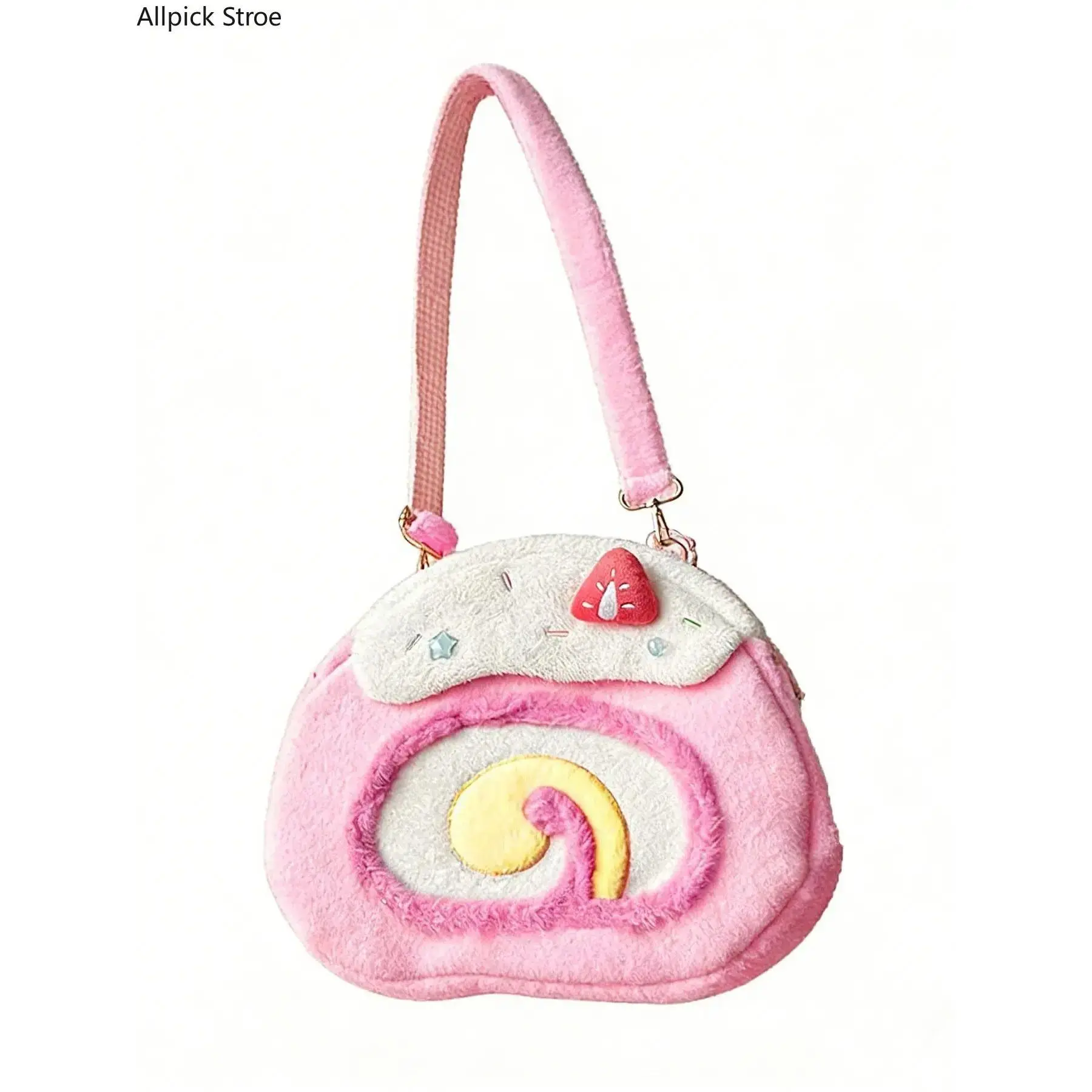 Fashionable plush cake roll shoulder bag, decorated with strawberry frosting, gradient rolled heart design, sweet and cute style, versatile item for daily street dates, Trendy crossbody bag, Cute Bags tiktokshopbacktoschool