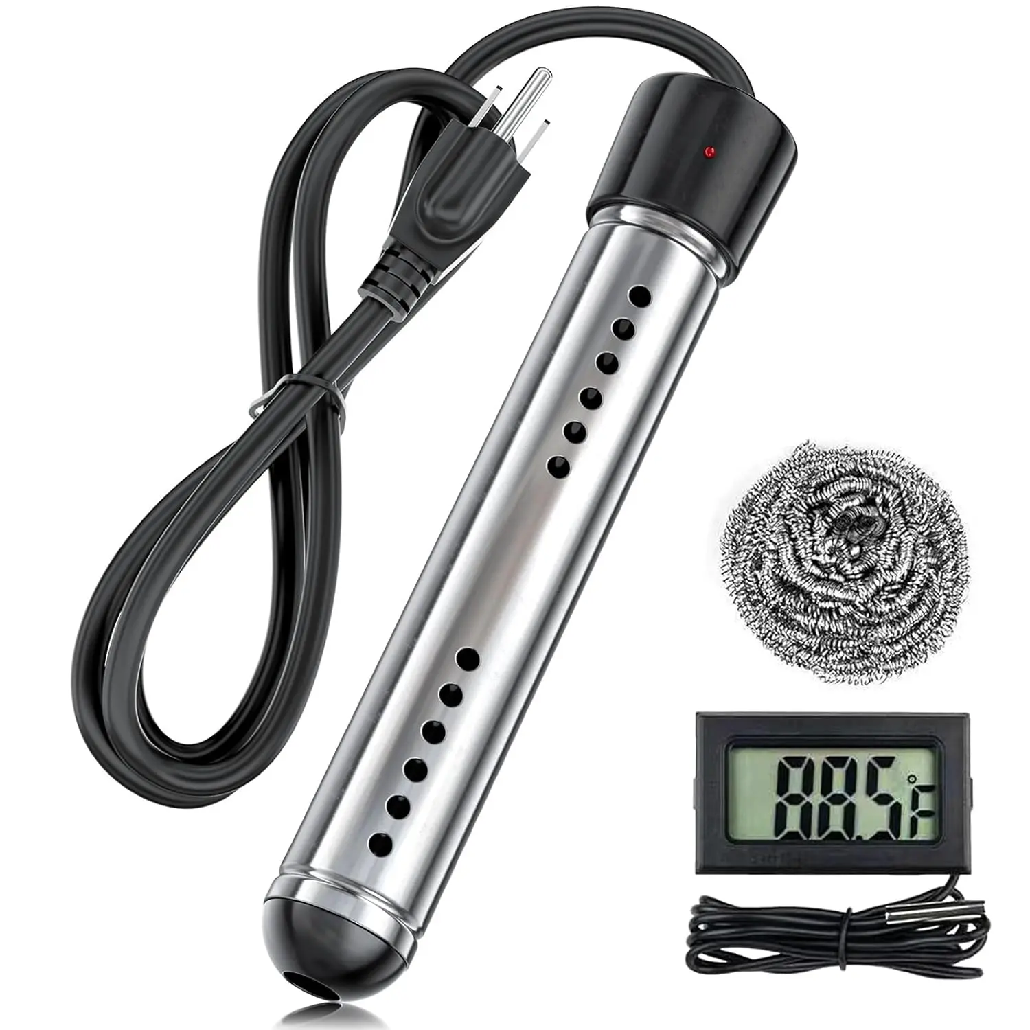 2000W Portable Stainless Steel Electric Immersion Water Heater, Submersible Heating Rod with LCD Thermometer for Bucket, Bathtub, Ideal for Home, Camping Use