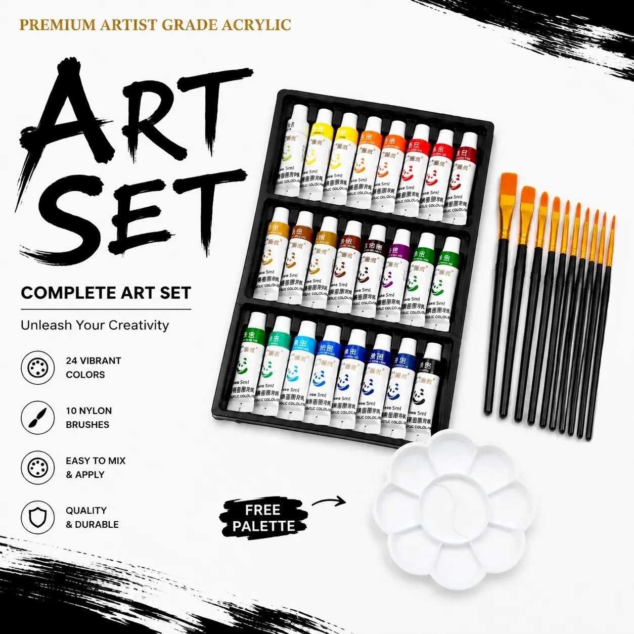 35-Piece Art Painting Set, 24 Colors Acrylic Paints, 10 Brushes, Free Palette, Art Supplies Kit, Ideal for Artists, Students, and Hobbyists
