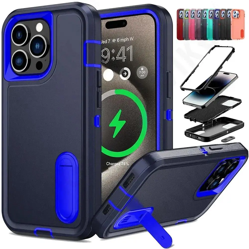 Compatible with iPhone 16, 15, 14, 13, 12, 11 Pro Max, XS, XR, 8 Plus, Heavy Duty Shockproof Anti-Scratch Rugged Protective Phone Case with Kickstand HNZ0150