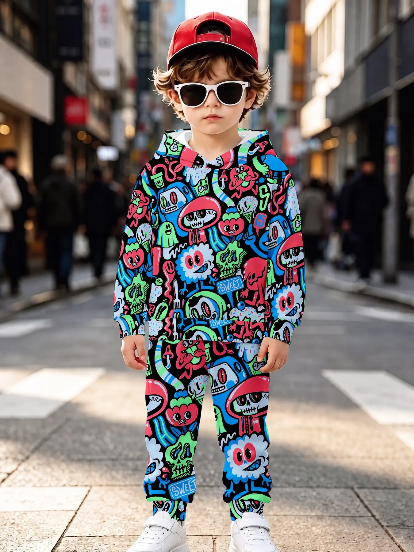 Creative Cartoon Graffiti Kids Hooded Set, Long Sleeve Loose-Fit Sweatpants, Fall & Winter Casual Wear, All over Print Design