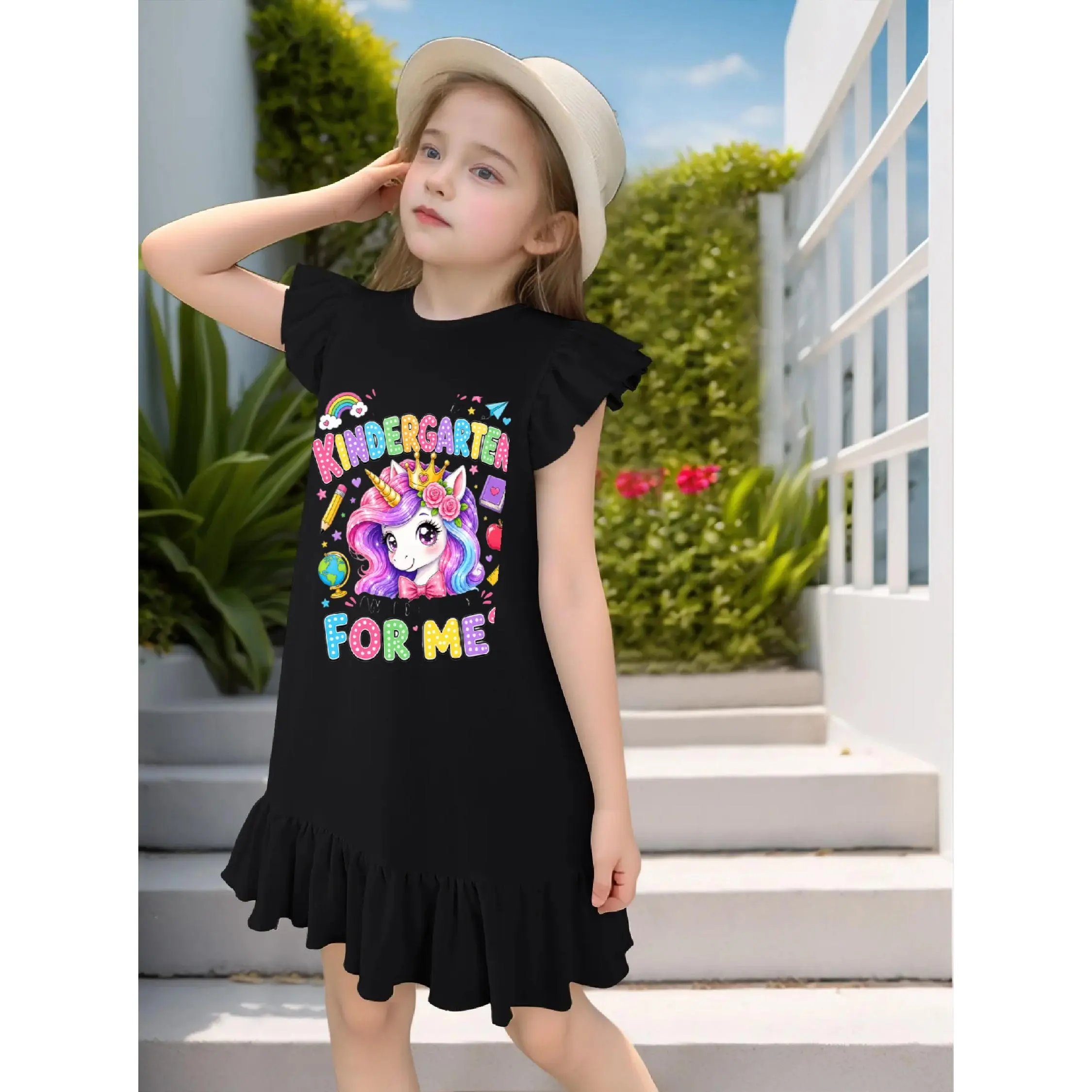 Little Girls Flutter Sleeve Ruffle Dress, Kindergarten For Me Cute Unicorn Graphic Print Summer T-Shirt Dress, Toddler Back To School Casual Outfit