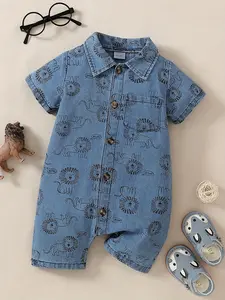 0-24 Months Baby Boys Lion Print Denim Short Sleeve Romper, Casual Button Down Collar Onesie With Chest Pocket, Soft Summer Outfit Newborn Toddlers Daily Outdoor Play