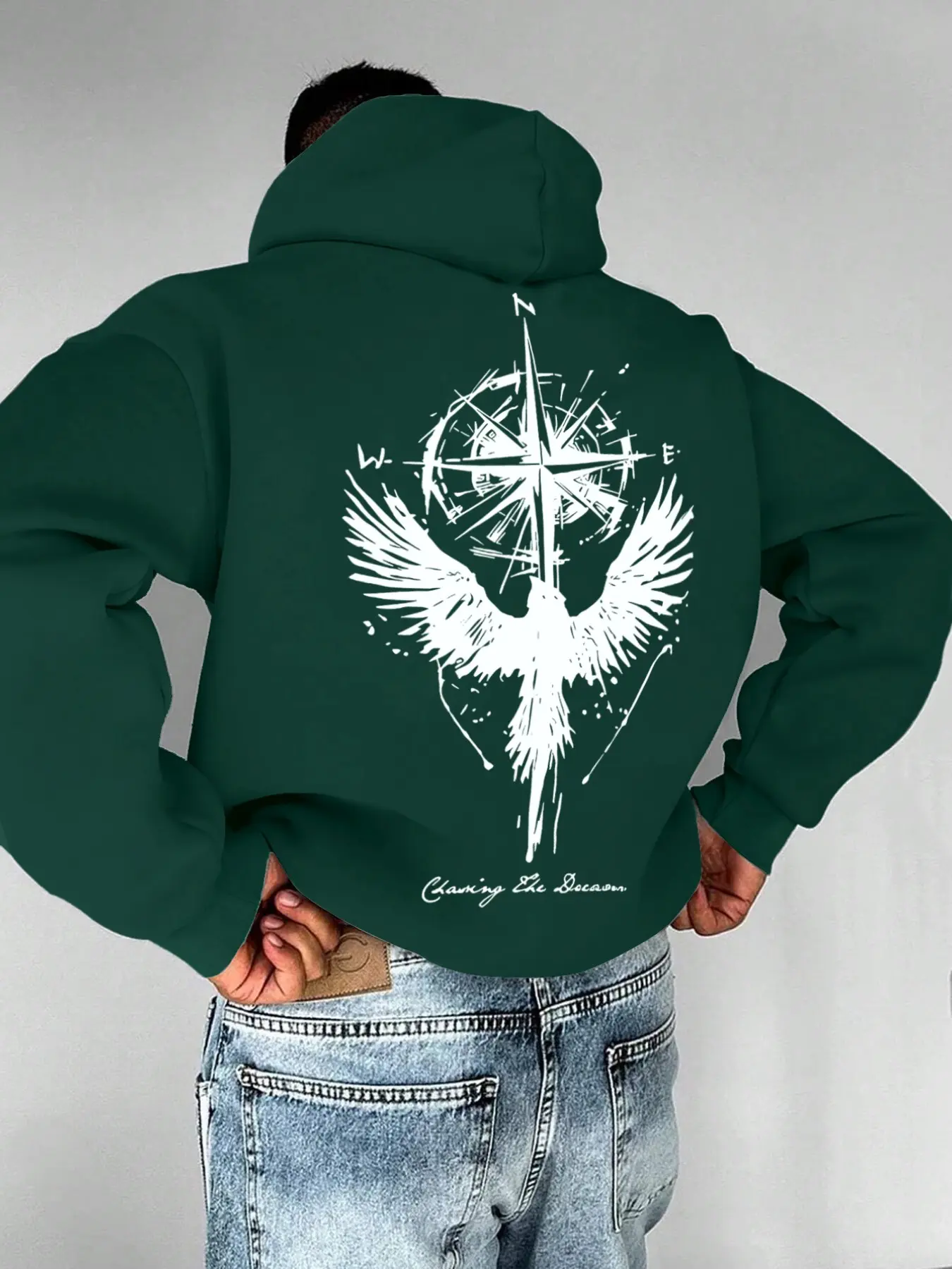 Men's Trendy Compass and Bird Print Hoodie, Casual Loose-Fit Sweatshirt, Graphic Floral Pattern, All-Season Outdoor Comfort Wear