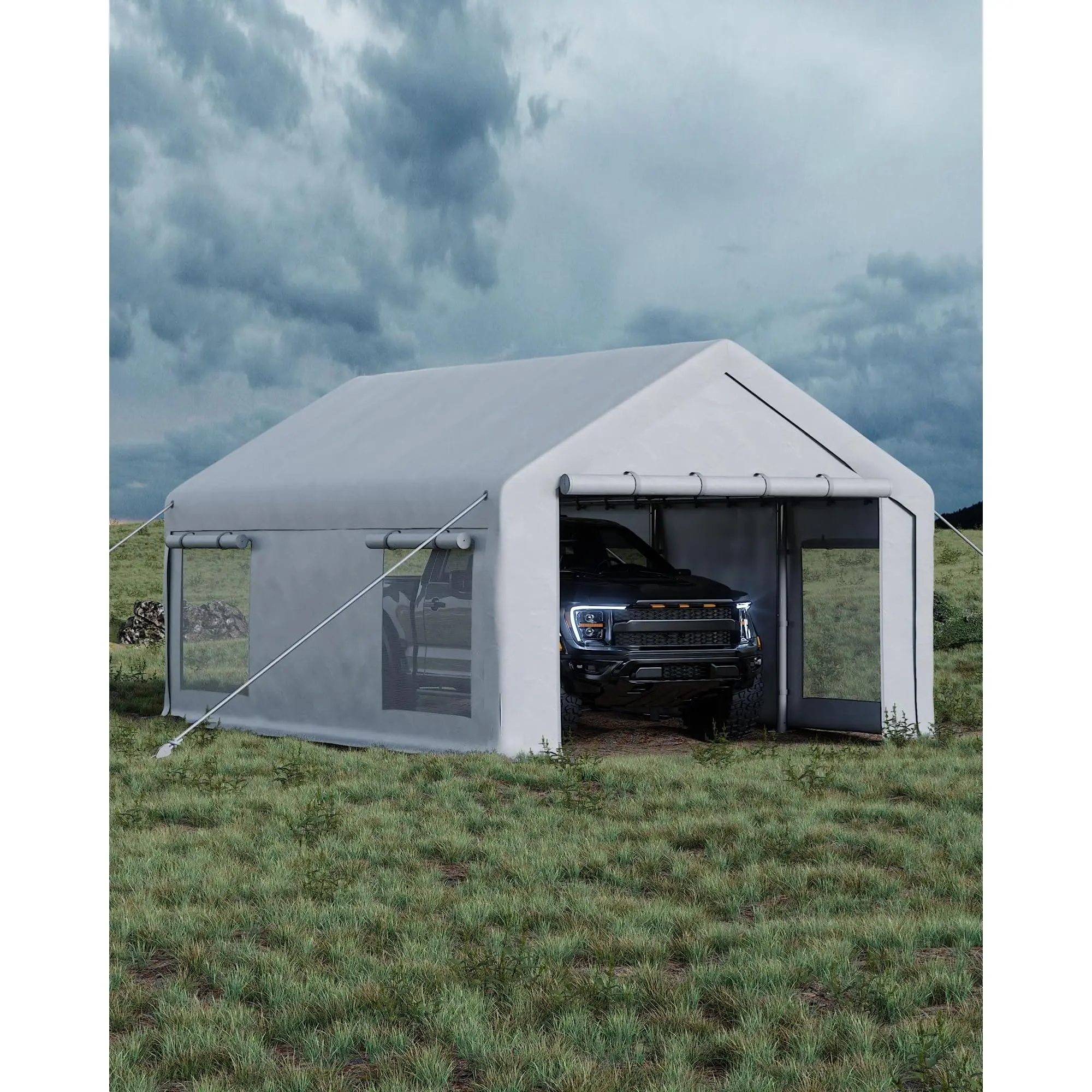 GARVEE 10x20 ft Sturdy Heavy Duty Carport Garage - 200 sq. ft. Waterproof UV-Blocking Cover, 200g PE Tarp Protective Canopy, Waterproof Removable Canopy, Weather Resistant Shelter, 2 Roll-Up Doors, 4 Roll-Up Windows for SUV, Outdoor Storage
