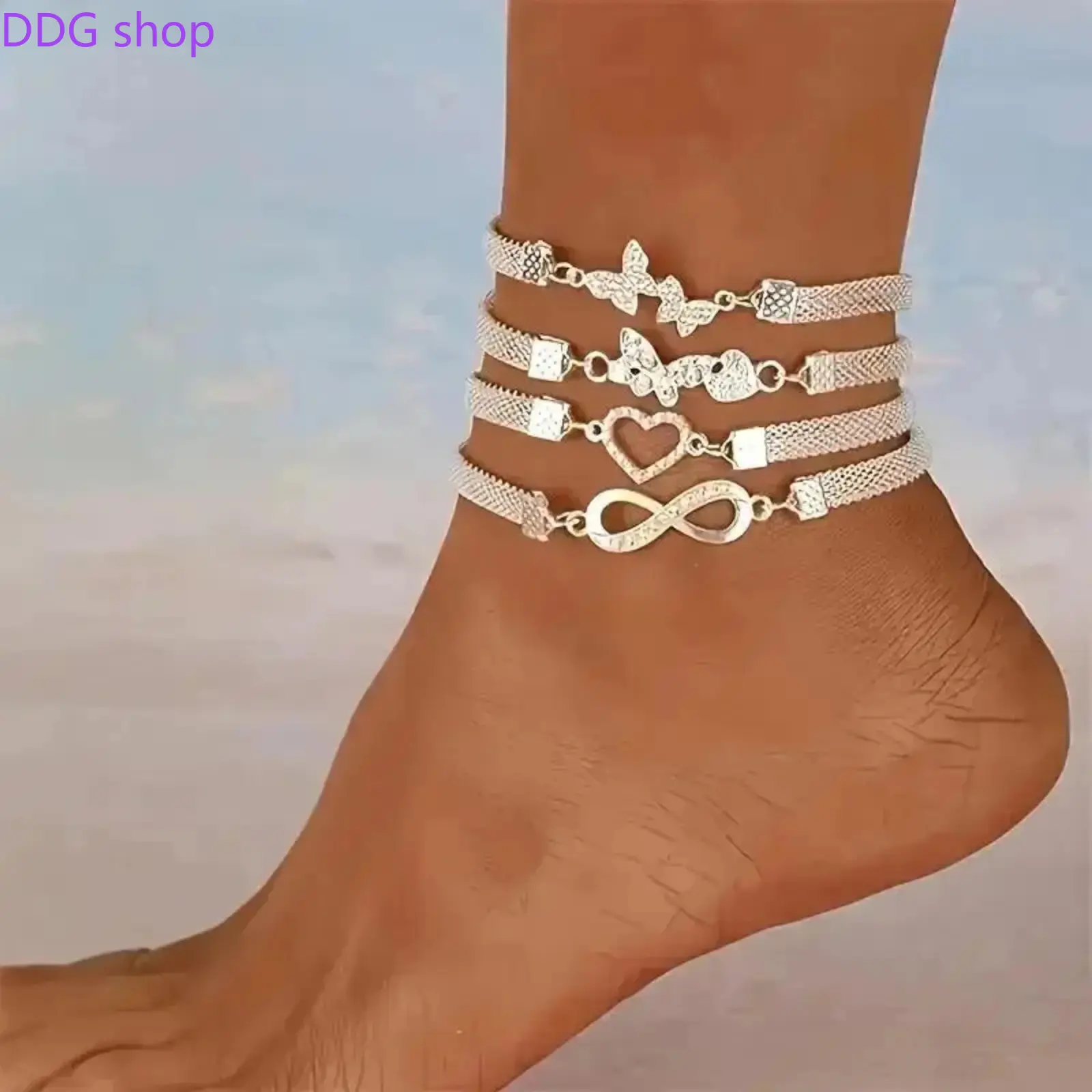 4Pcs Shiny Stackable Anklet Set for Women, Elegant Butterfly & Heart Design with Synthetic Zirconia, Fashion Chain Foot Jewelry, Versatile Daily Wear Accessory & Perfect Gift