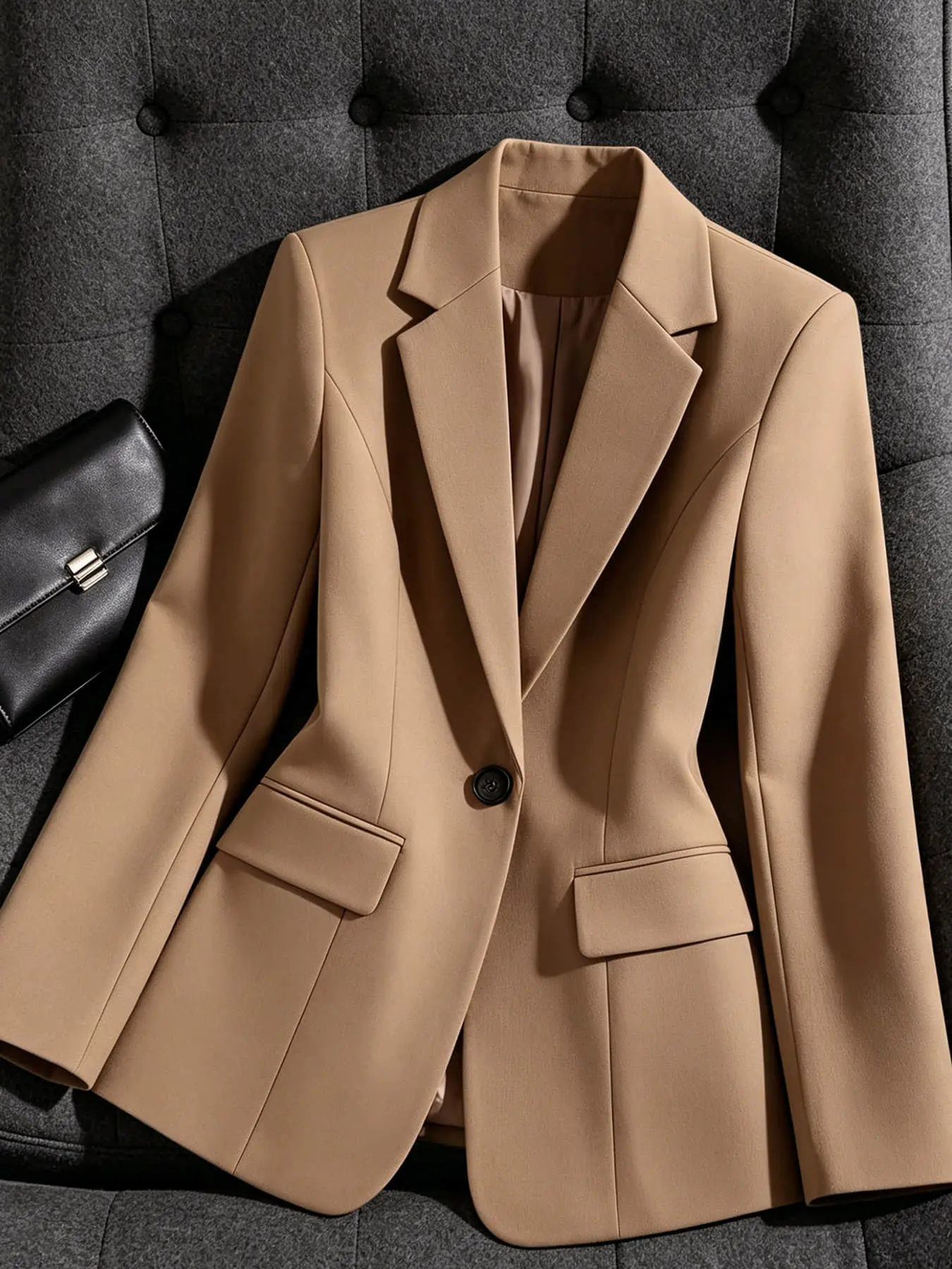 A women's minimalist, commuting style camel colored long sleeve suit jacket, Long sleeve blazer, with a button closure, slim fitting and versatile, Suitable for spring and autumn, interviews, parties, dates
