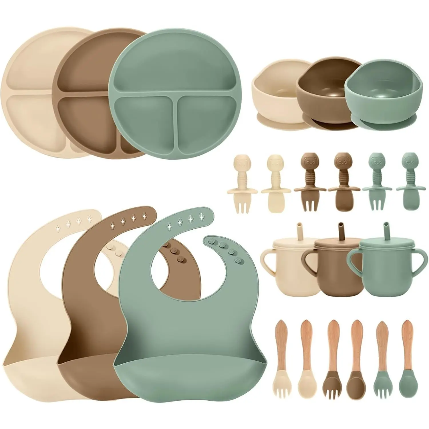 24 PCS Silicone Baby Feeding Set for Weaning Meals - Adjustable Bib, Suction Bowls, Divided Plates, Spoons, Forks, Straw Training Cups (Green+Brown+Beige)