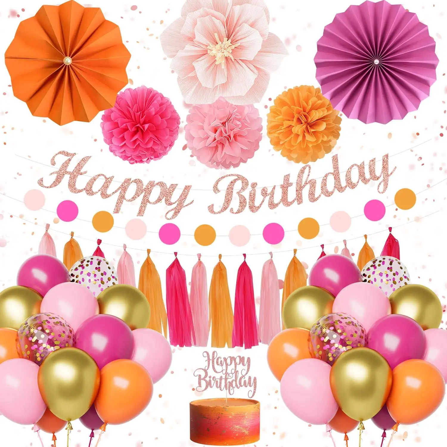 Orange Birthday Decorations for Women Girl, Peach Burnt-Orange  Balloons Happy Birthday Banner, Cake Topper, Tissue  Fan Pom Poms Tassel Garland for Boho Sunset Party Décor