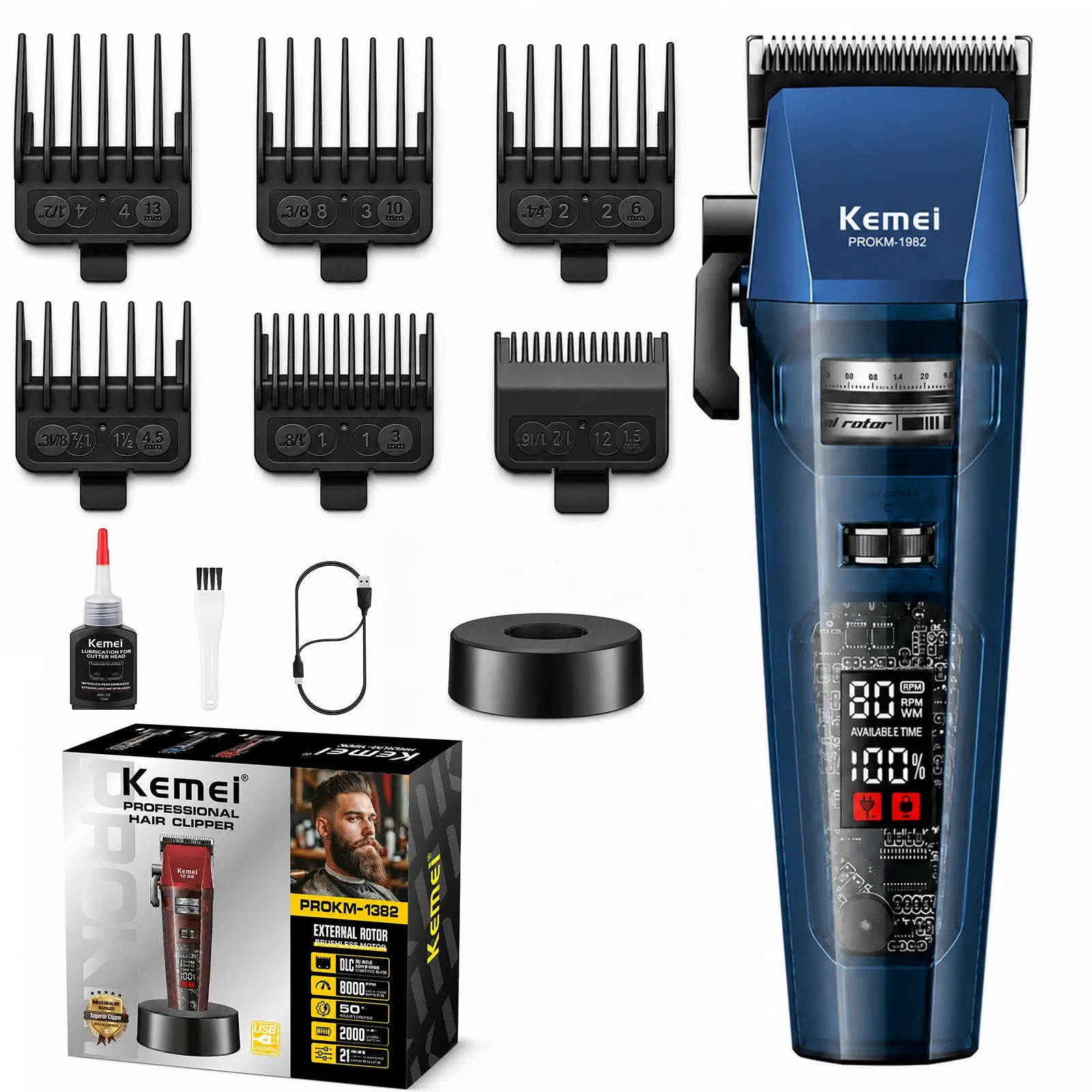 Kemei Km-1382 Brushless Hair Clipper, Barber Hair Clippers, Wireless Adjustable Men's Trimmer, Cordless Base, Cordless Barber Clipper, Professional Electric Razor, Ceramic Dlc Blade, Gift Idea