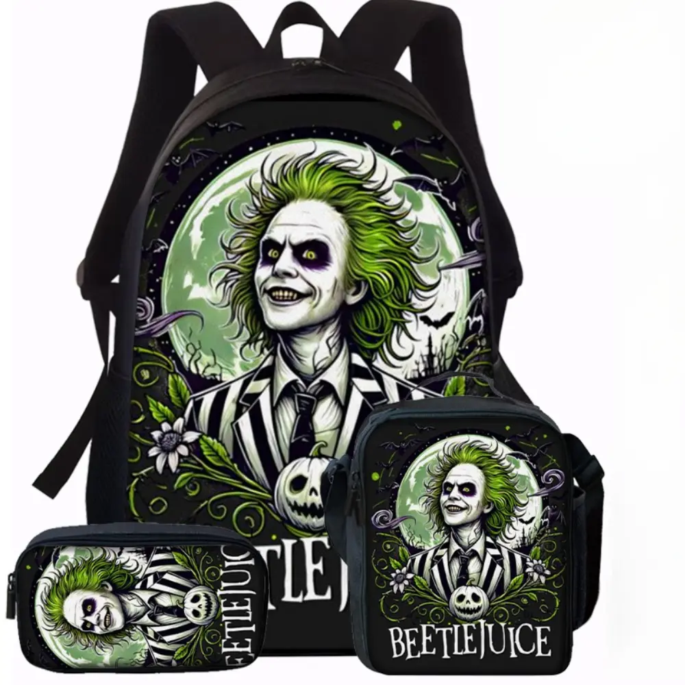 Unisex Gothic Art 3-Piece Backpack Set with Zipper - Durable, Water-Resistant, Back to School School Supplies, Backpack + Insulated Lunch Bag + Pencil Case, Beetlejuice Halloween Green Moon Print, Breathable Padded Straps, Fits 15in Laptop, Waterproof