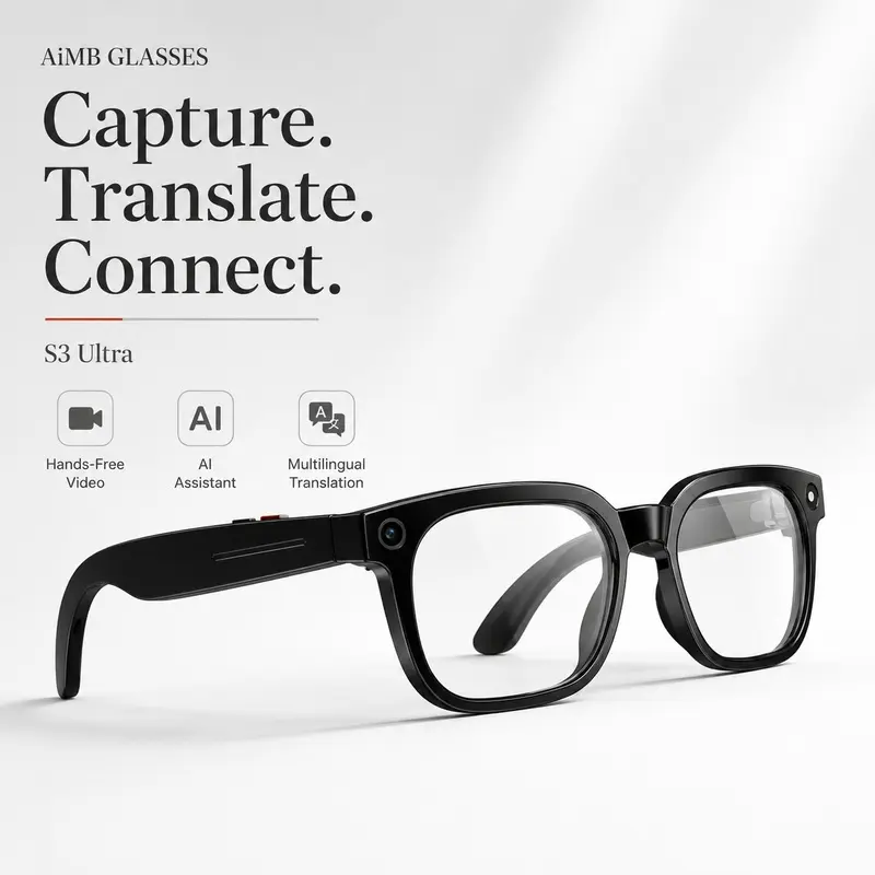 AI Smart Camera Glasses, Multifunctional Smart Glasses with HD POV Video Recording, Real-Time Translation, AI Image Recognition, Bluetooth Calls, Music Playback, Clear Lens with Optional Sunglasses Lenses for Travel and Daily Use