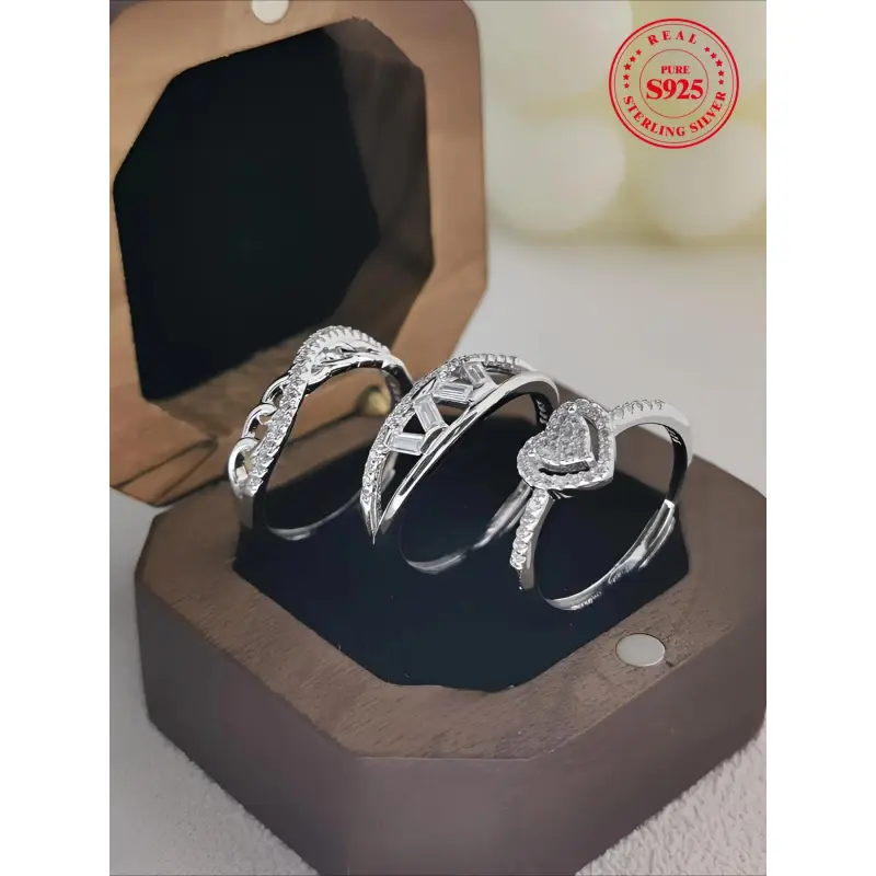 S925 Sterling Silver Stacking Ring Set, 3-Piece Elegant Rhinestone Birthstone Rings for Adult Women, Lightweight Trendy Bridal Jewelry, Adults, 5.2 Grams