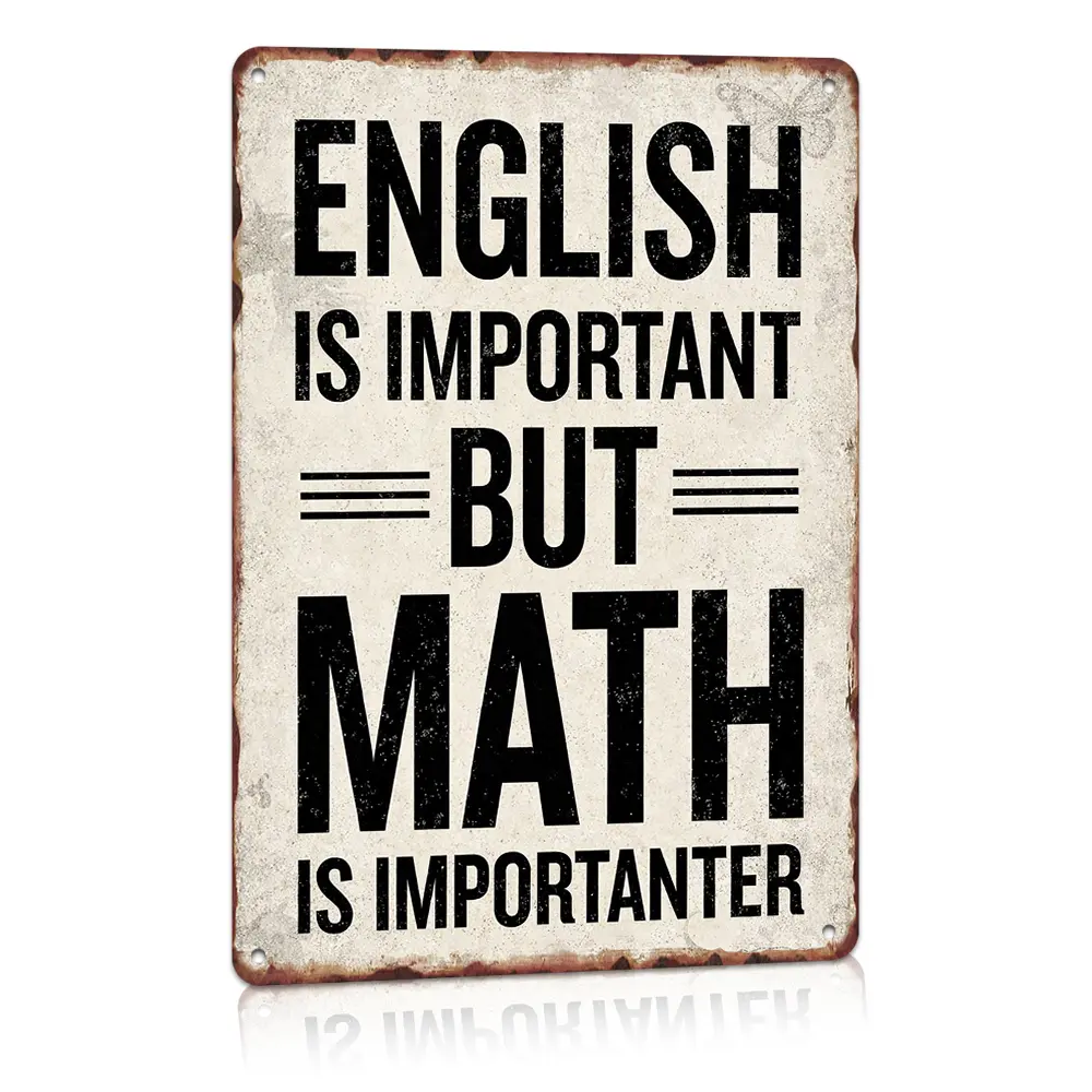 English Is Important But Math Is Importanter Funny Teacher Vintage Aluminum Metal Sign, Vertical 8x12", Cream Butterfly Worn Distressed, Wall Art Decor, Classroom Ornament, Study Room Space, Math Teacher Nerd Lovers, Teacher Appreciation Gift