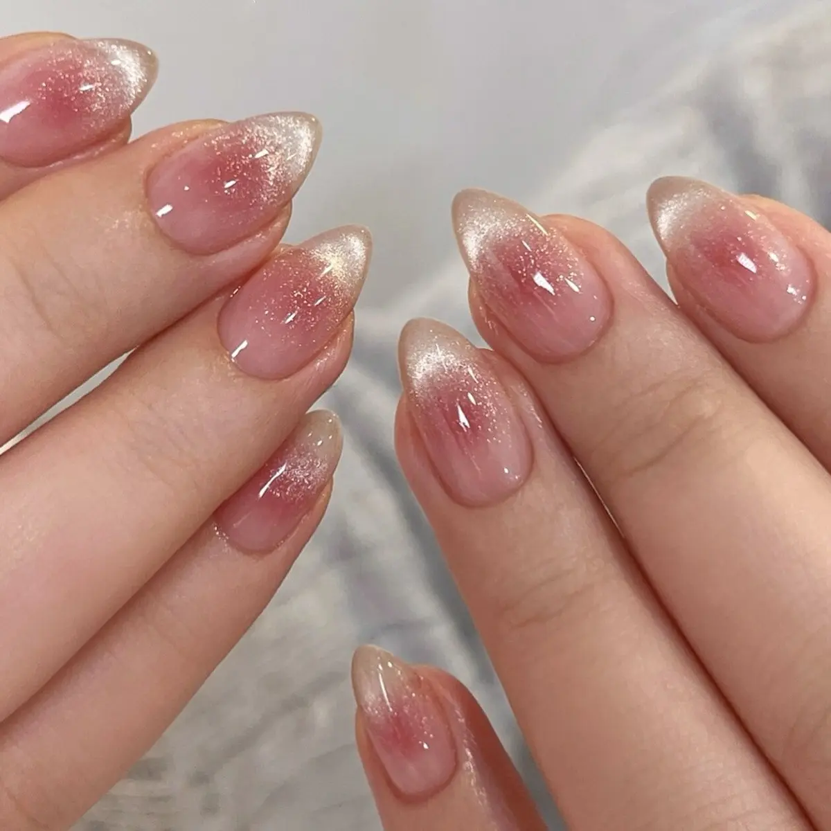 ✨🌸 [5-Min Salon Mani] Pink Blush Cat Eye Press On Nails Almond, Magnetic Glitter Jelly Nude Reusable Fake Gel Nails