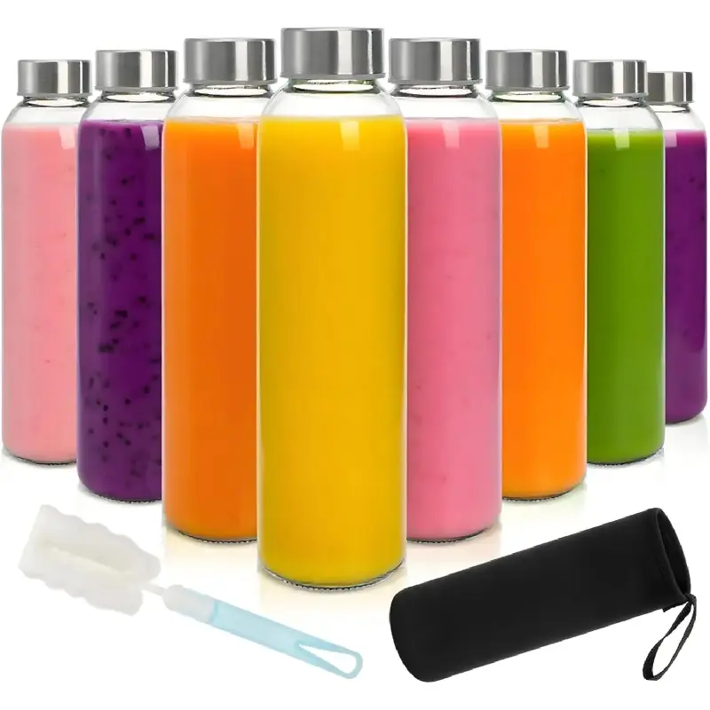 8 Pack Glass Juice Bottles with , 18 Oz  Glass Water Bottle with 1 Brush 1 Protective Sleeve, Portable Clear Glasses Containers Drinking Jars for Smoothie, Milk, Juice,