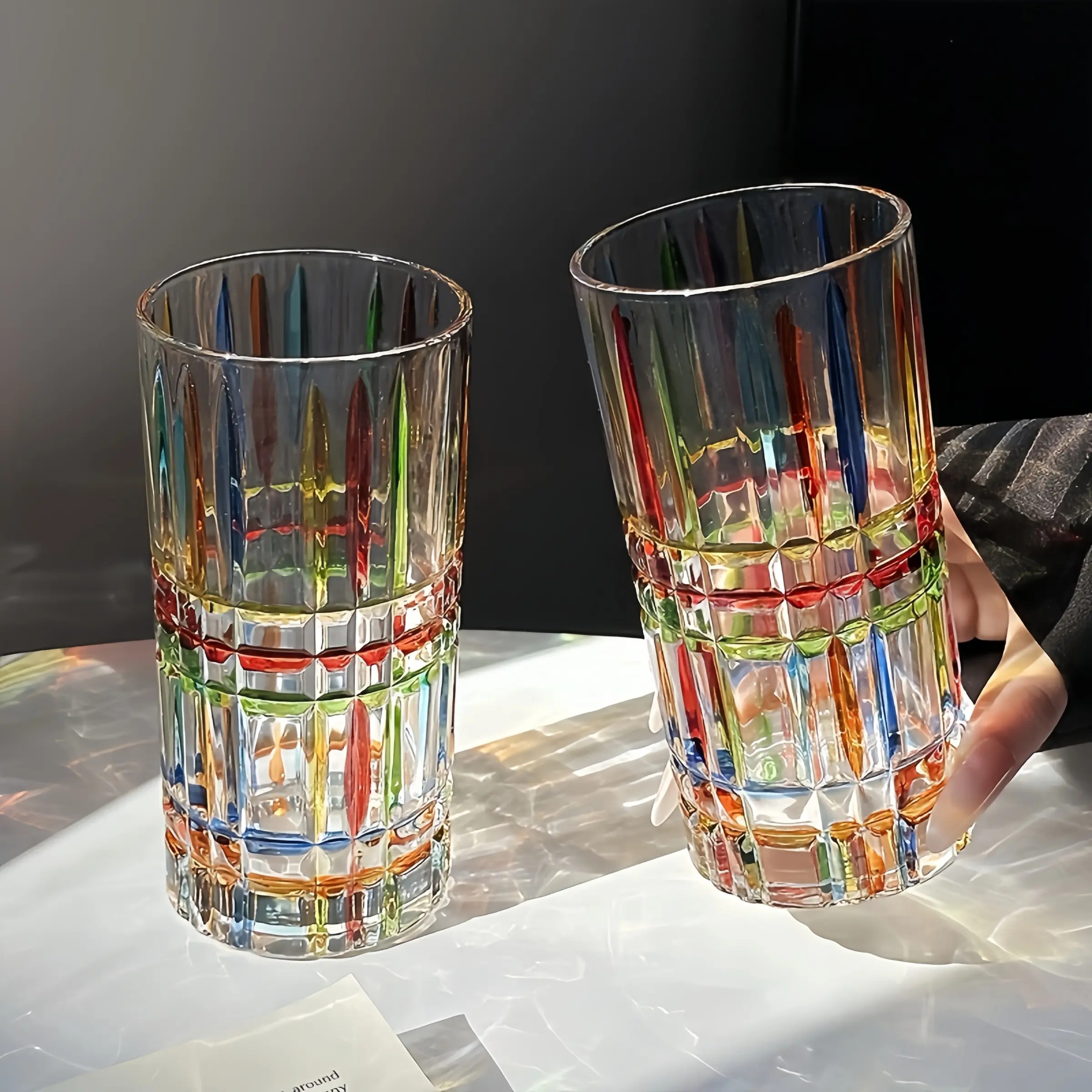 Hand-Painted Crystal Glass Cup, Romantic Rainbow Stripes and Squares, Gift for Her, Home Bar, Wedding, Party, Decorative Glassware, High-Quality Handmade Glass
